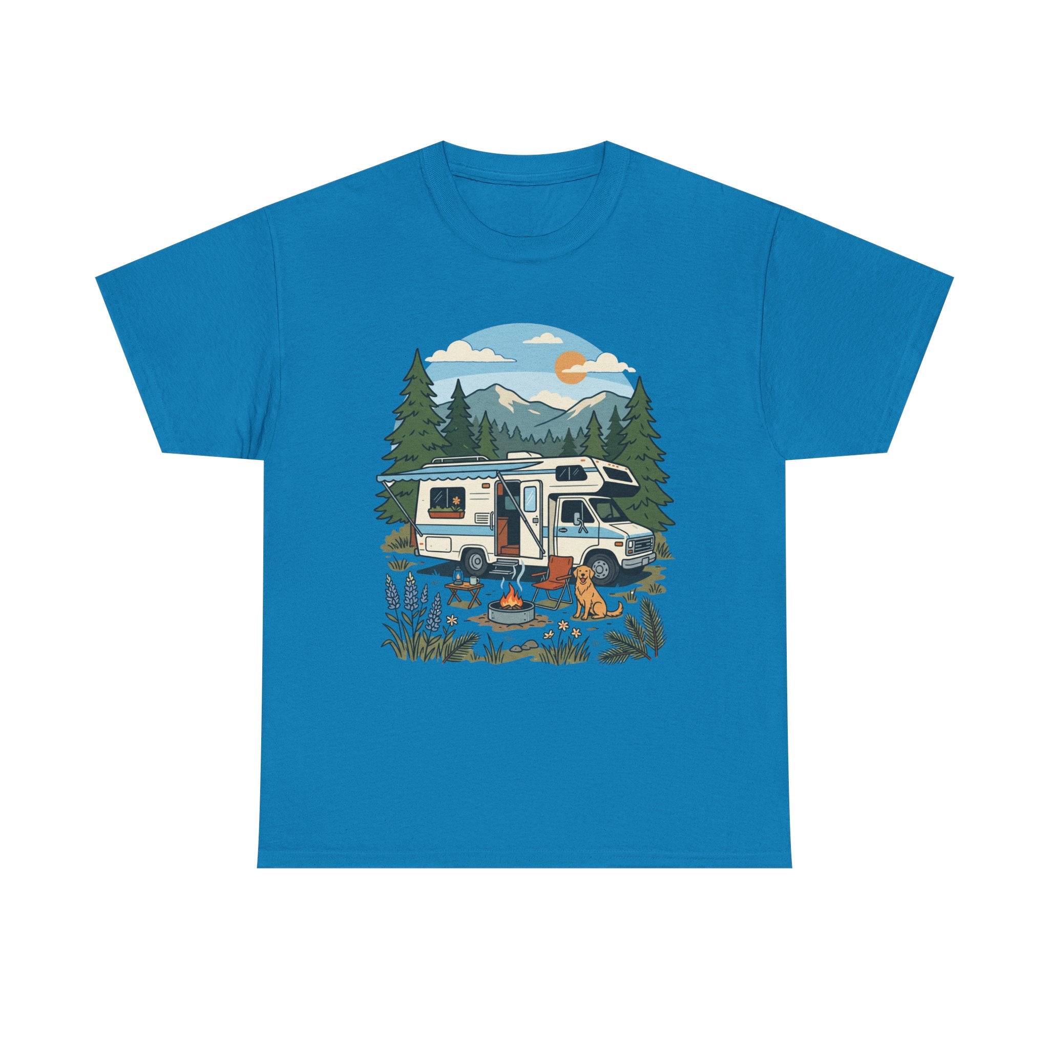 Camper Van Camping T‑Shirt — Retro RV Campfire Graphic Tee for Outdoors Lovers