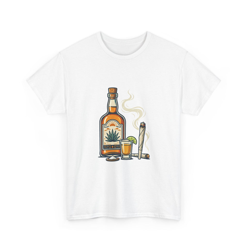 Tequila & Joint T-Shirt — Mexican Agave Bottle with Shot Glass and Joint Graphic
