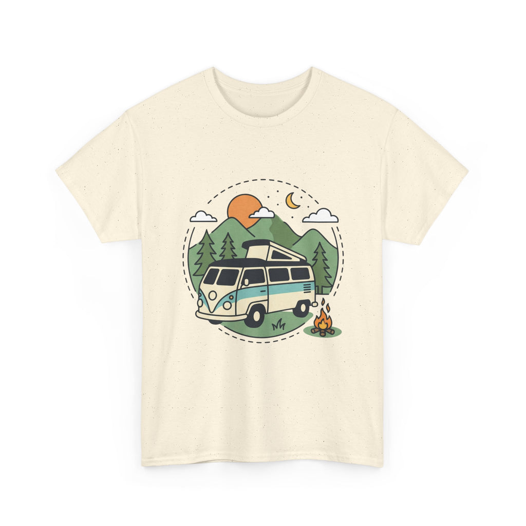 Camper Van Camping T‑Shirt — Retro Van, Mountains & Campfire Tee
