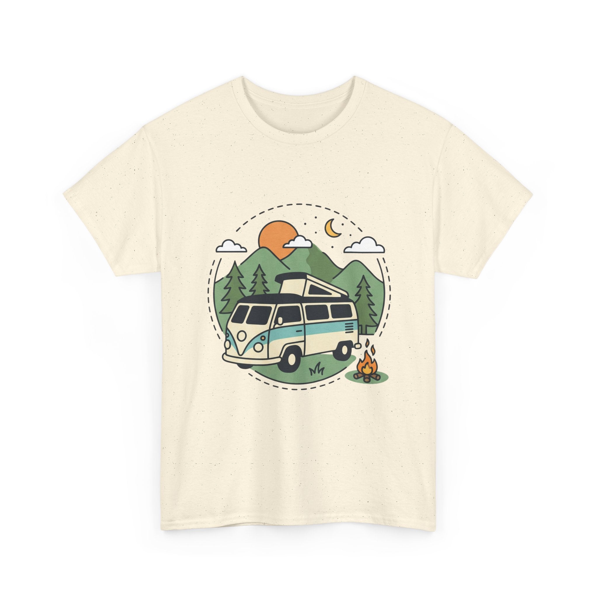 Camper Van Camping T‑Shirt — Retro Van, Mountains & Campfire Tee