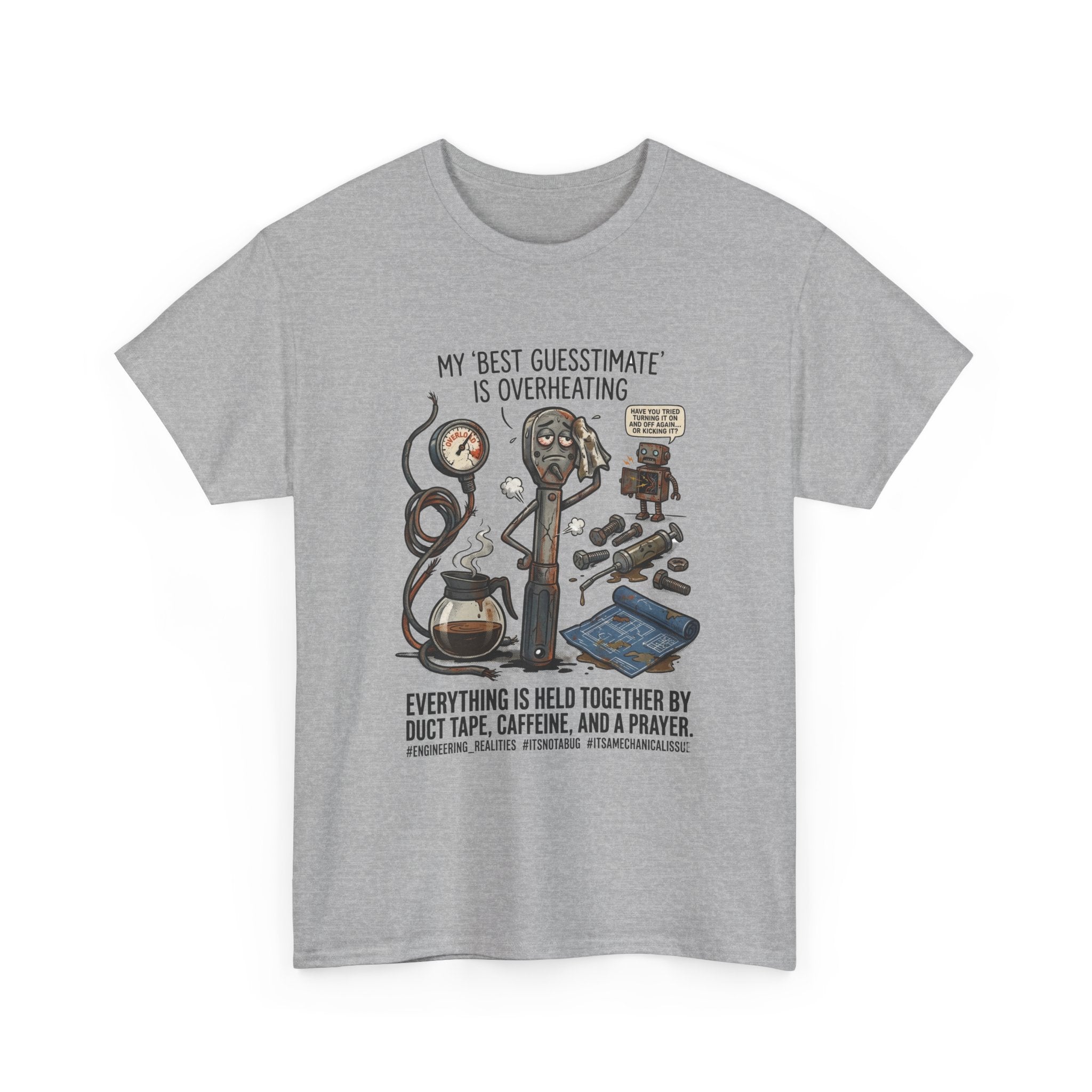 Mechanic Humor T-Shirt - "My Best Guessmate Is Overheating" Vintage Tools, Duct Tape & Caffeine Tee