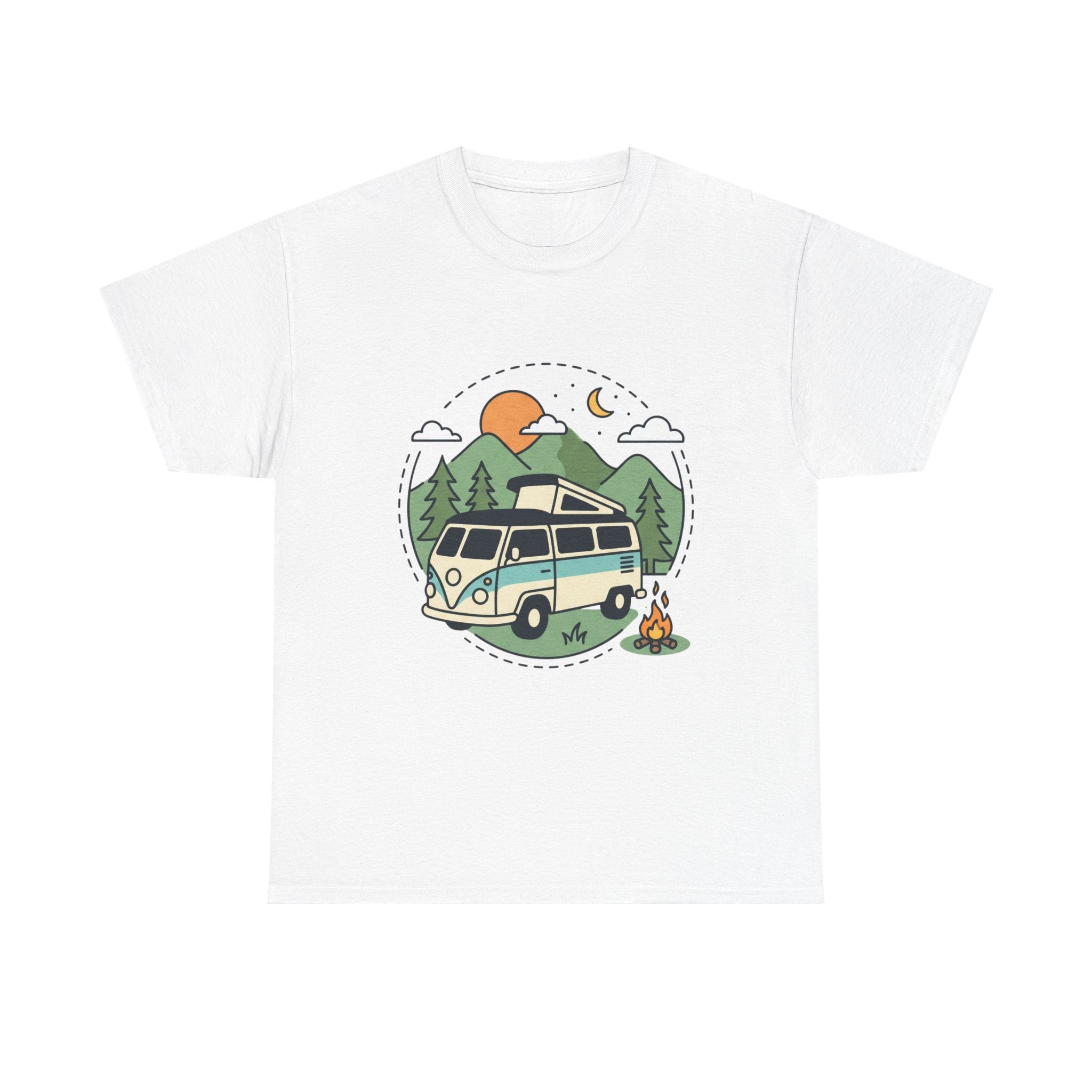 Camper Van Camping T‑Shirt — Retro Van, Mountains & Campfire Tee