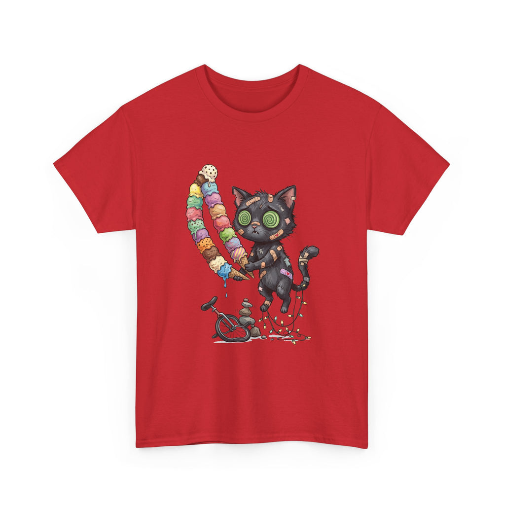 Cat with Ice Cream Graphic Tee — Cute Retro Kawaii Black Cat Holding Rainbow Ice Cream