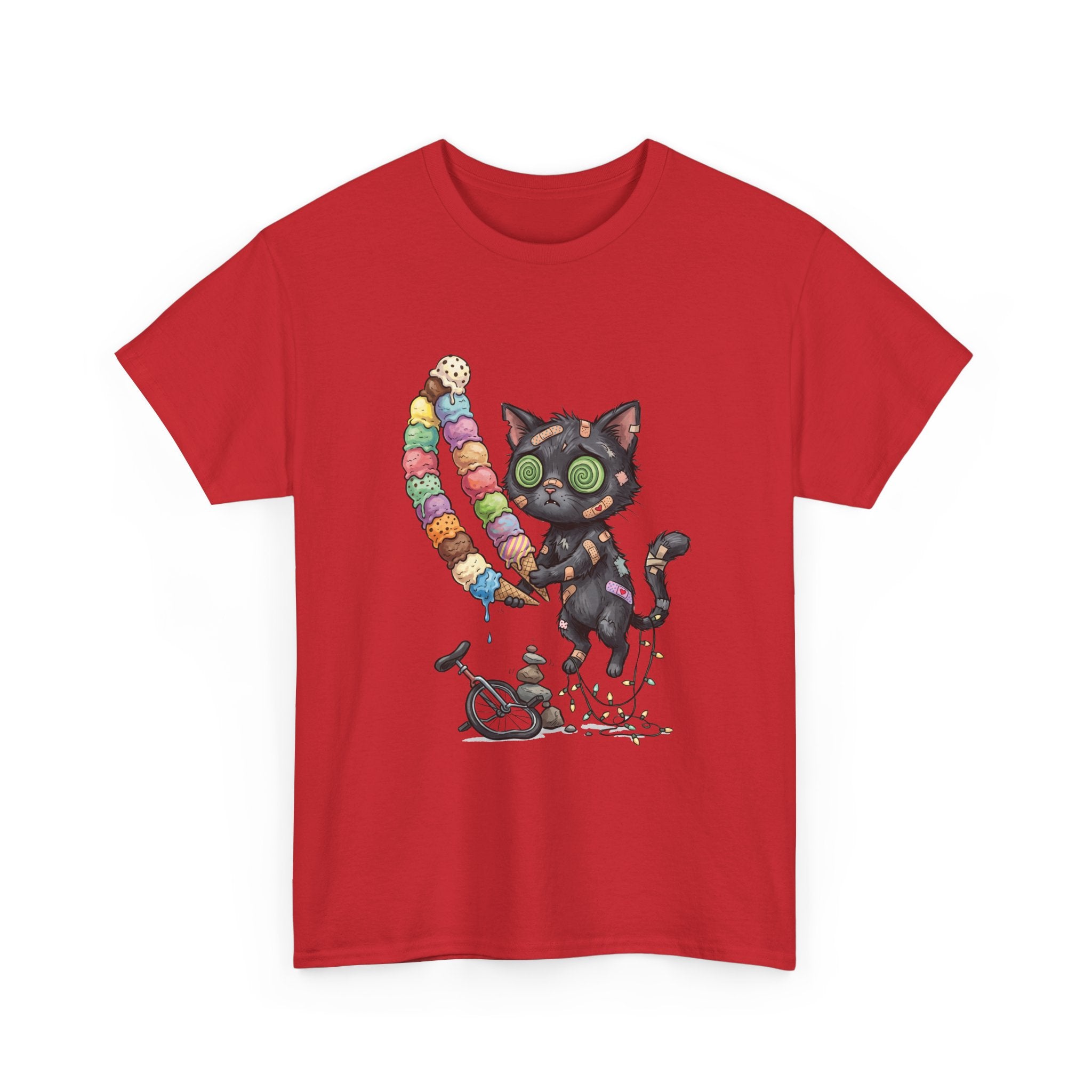 Cat with Ice Cream Graphic Tee — Cute Retro Kawaii Black Cat Holding Rainbow Ice Cream