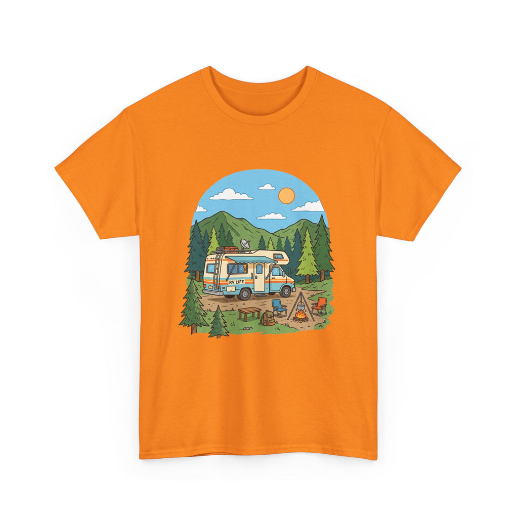 Camping Van Graphic Tee — Retro Camper Van & Campfire Outdoor Shirt