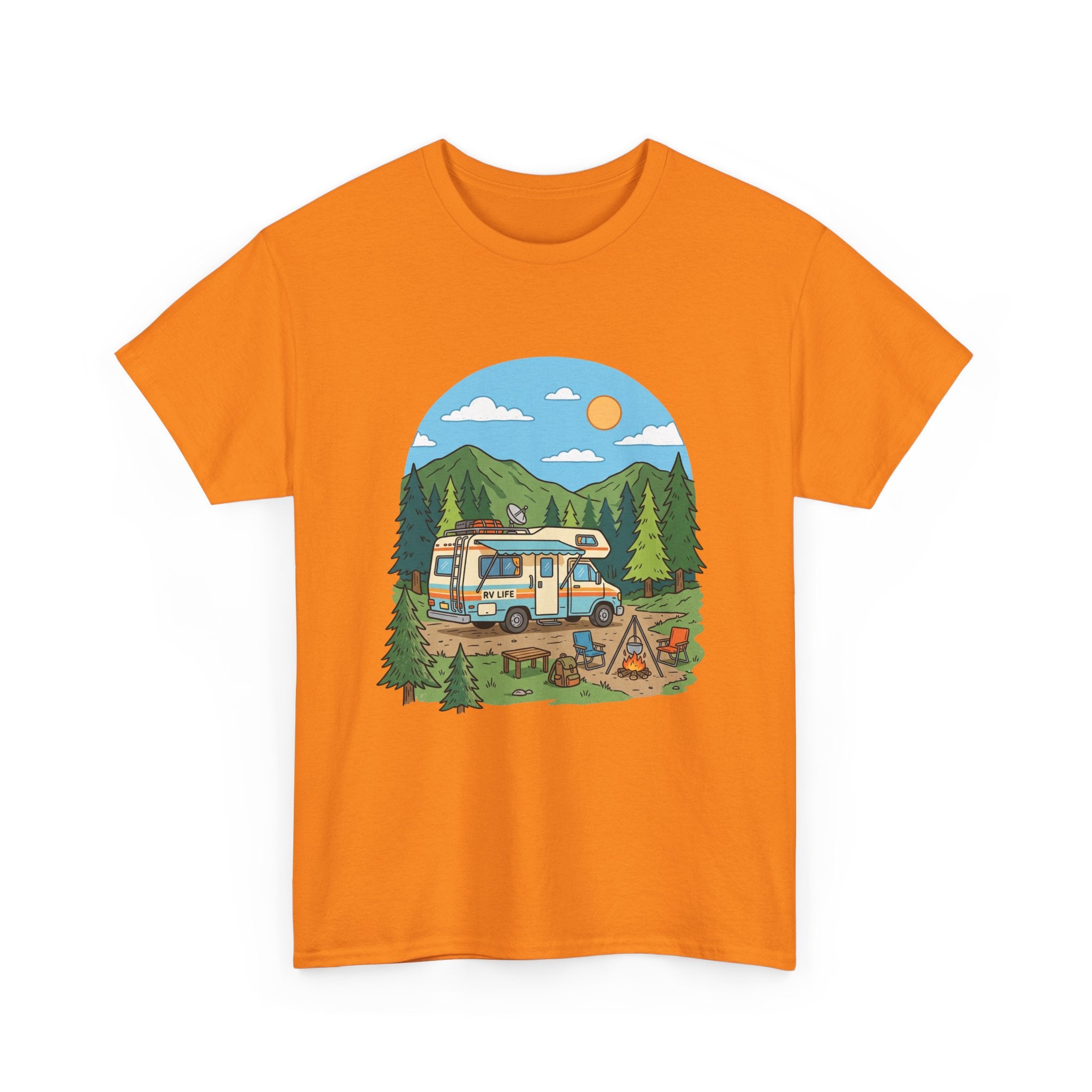 Camping Van Graphic Tee — Retro Camper Van & Campfire Outdoor Shirt