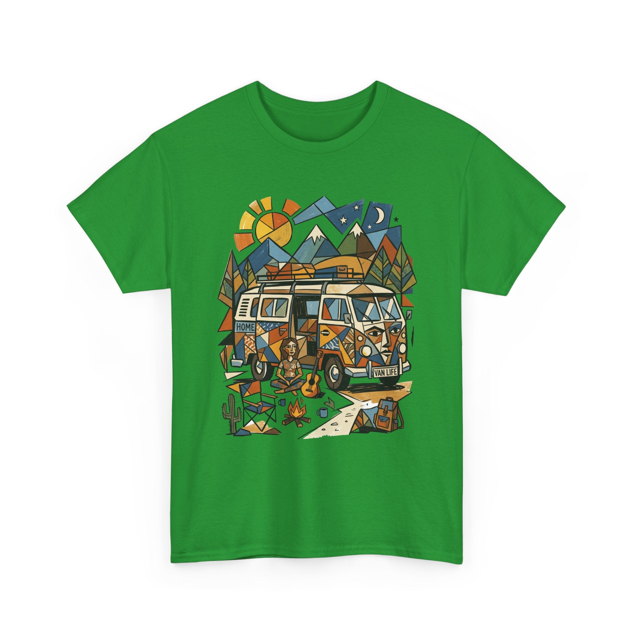Adventure Van Camping T-Shirt — Retro Camper Van, Mountains & Campfire Graphic Tee