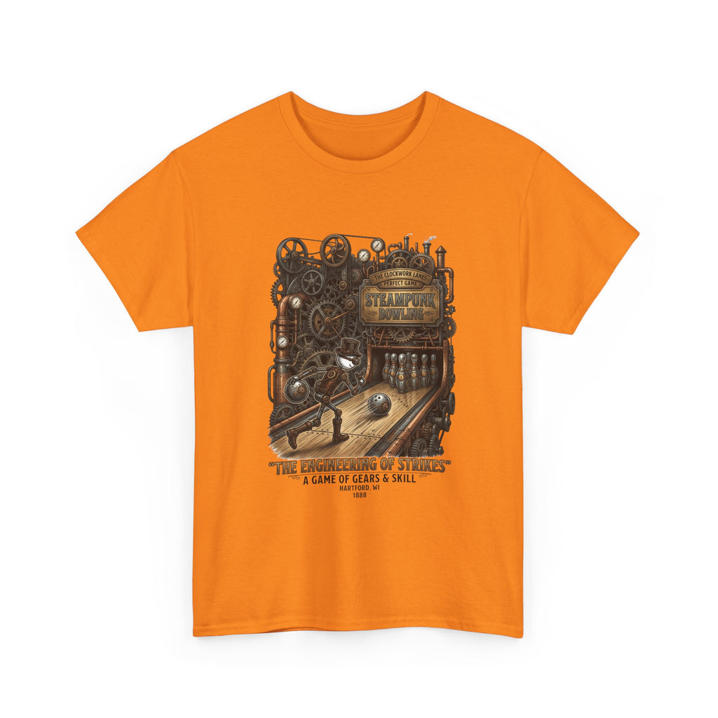 Steampunk Bowling T-Shirt — "The Engineering of Strikes" Vintage Gears Design