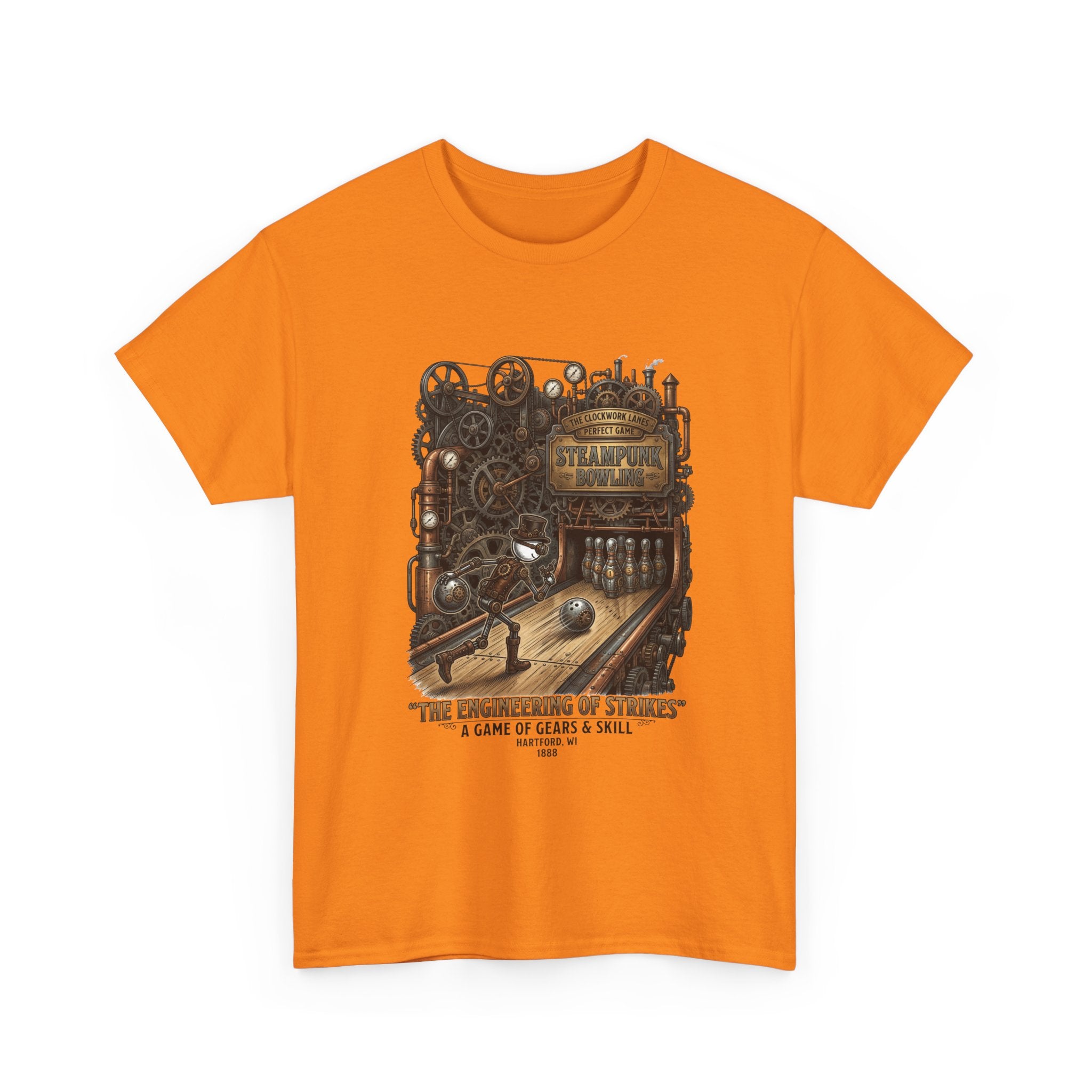 Steampunk Bowling T-Shirt — "The Engineering of Strikes" Vintage Gears Design
