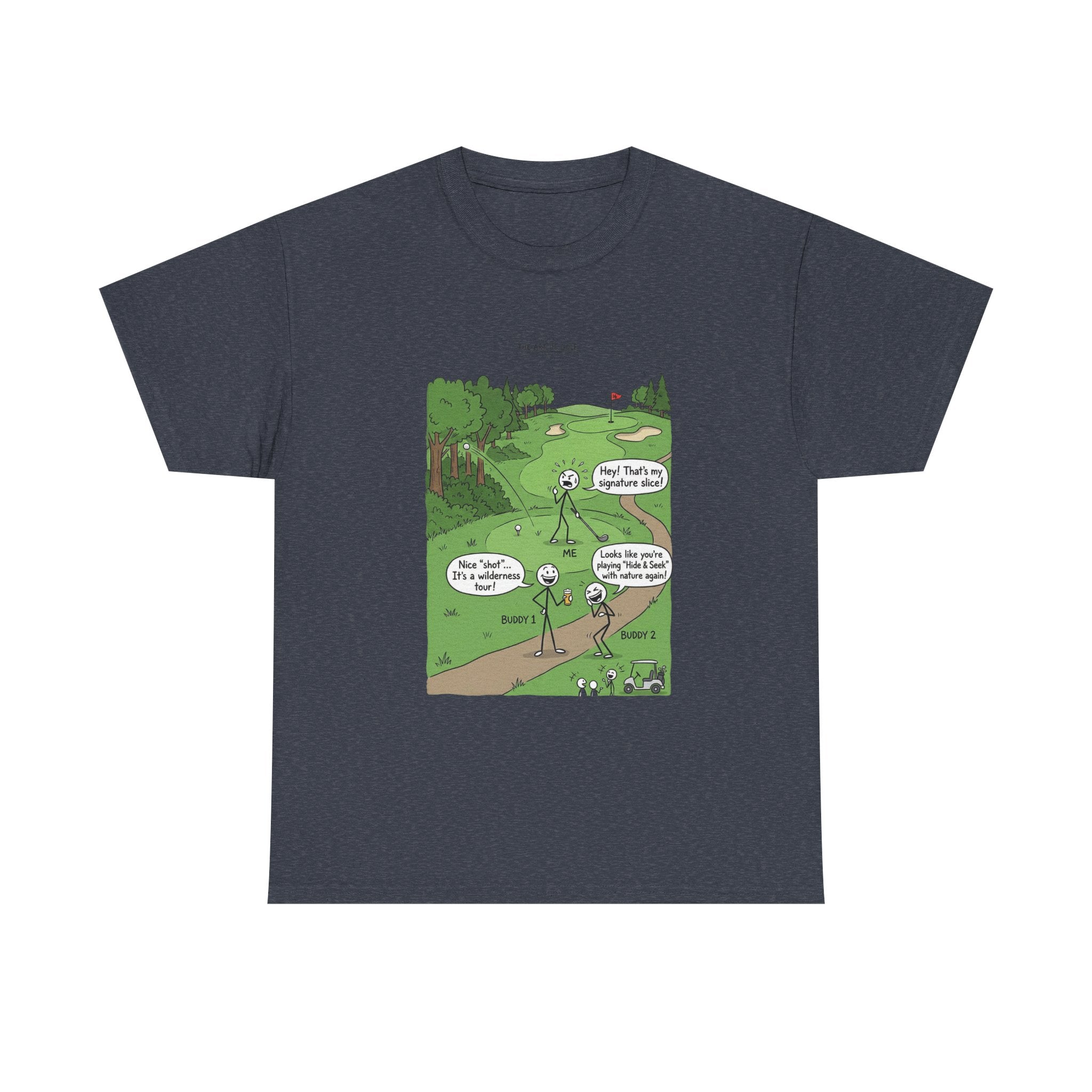 Golf Cartoons Graphic Tee — Funny Golf Humor T-Shirt ("Fore! That's a Mulligan, Dad")
