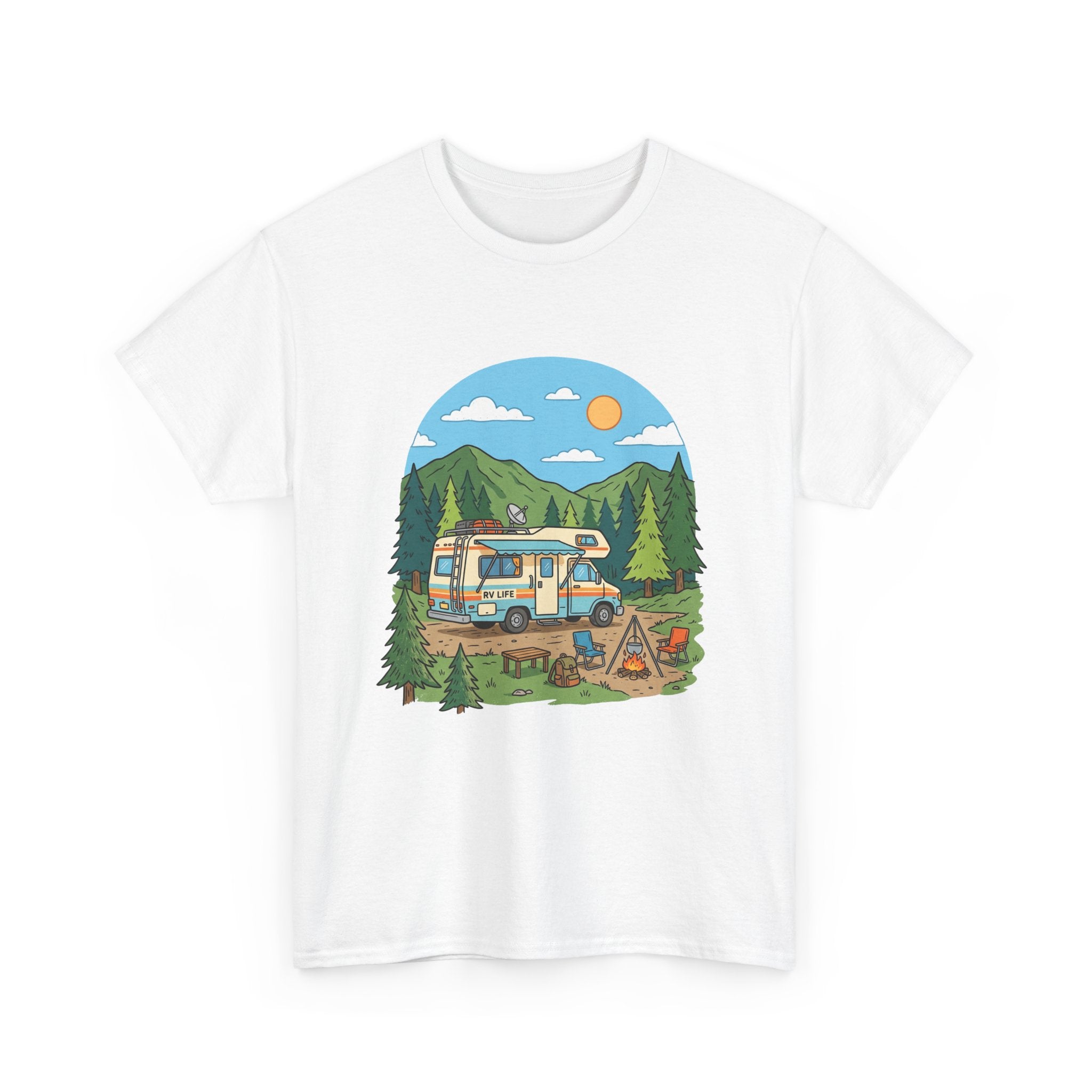 Camping Van Graphic Tee — Retro Camper Van & Campfire Outdoor Shirt