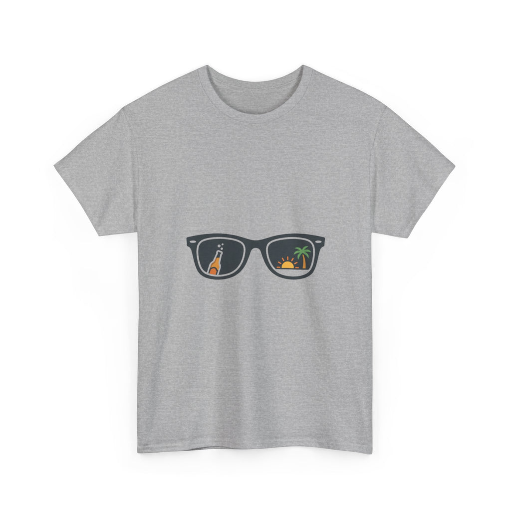 Sunglasses Reflection Tee — Tropical Beach & Palm Drink Graphic T-Shirt