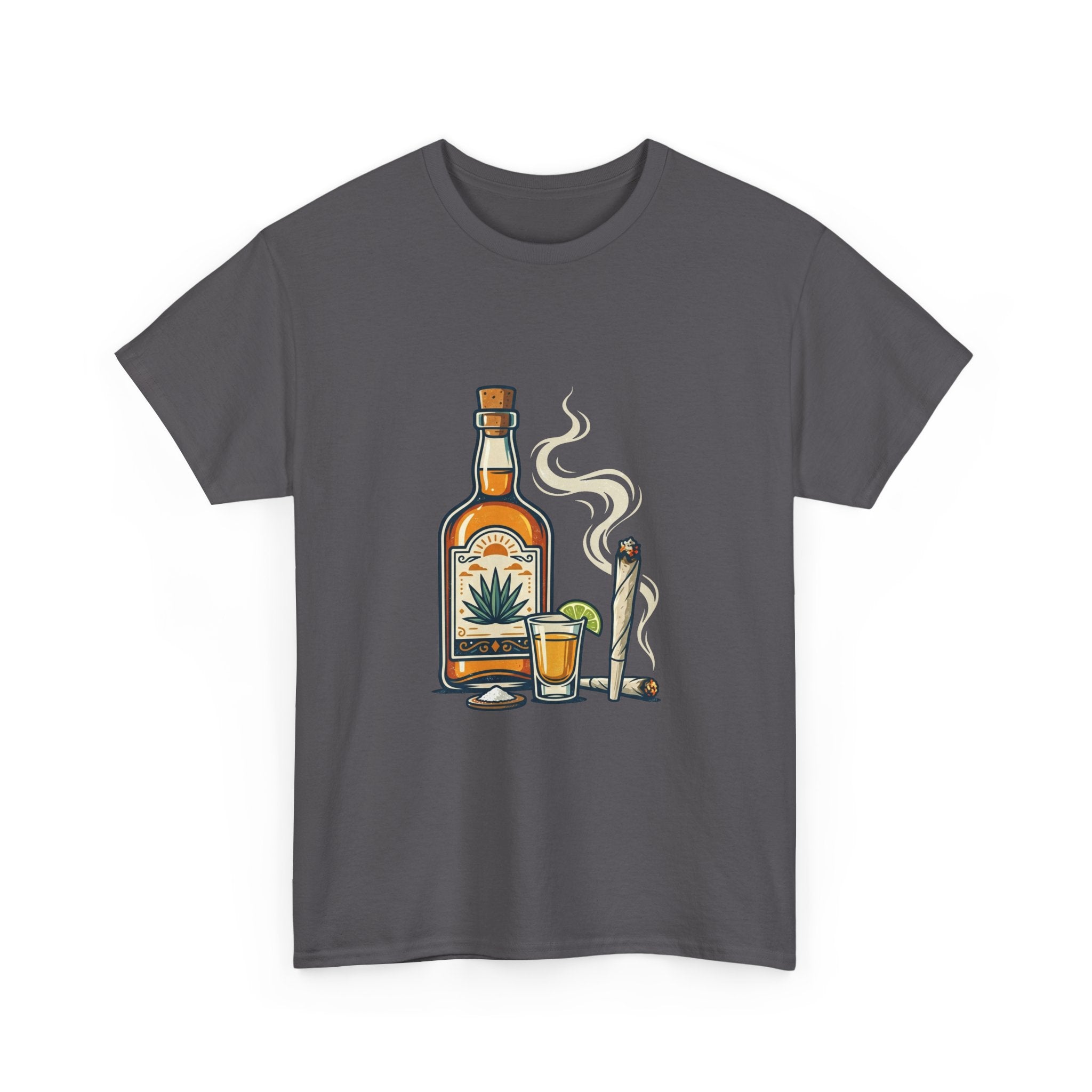 Tequila & Joint T-Shirt — Mexican Agave Bottle with Shot Glass and Joint Graphic
