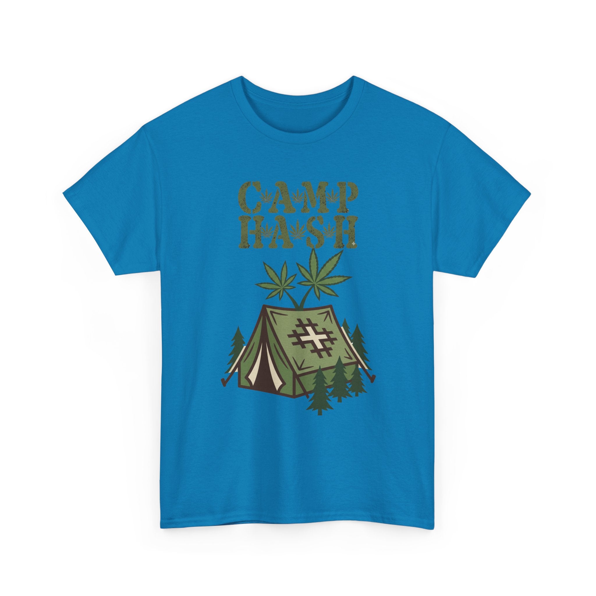 Camp Hash Cannabis Camping T‑Shirt — Retro Tent & Leaf Outdoor Smoke Tee