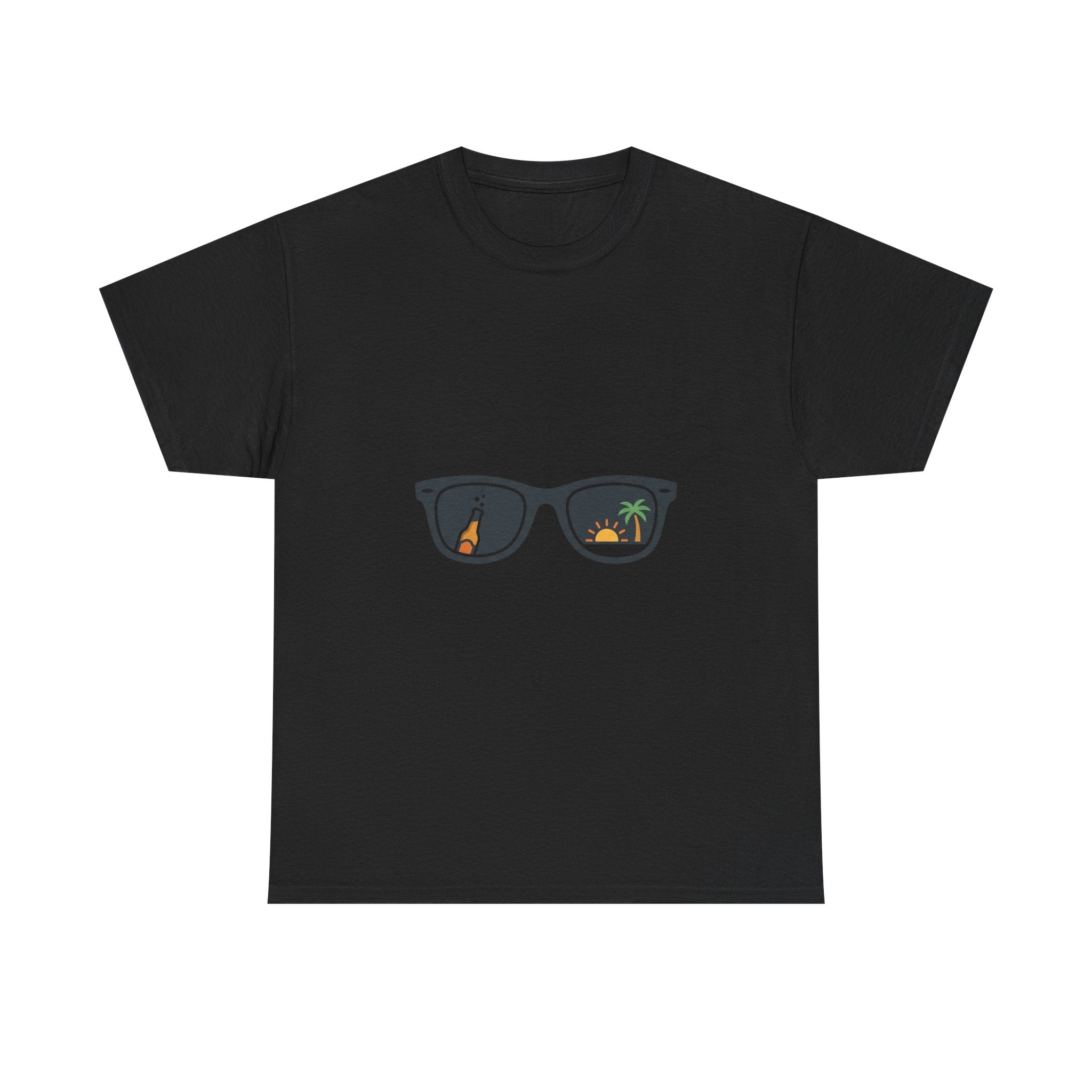 Sunglasses Reflection Tee — Tropical Beach & Palm Drink Graphic T-Shirt