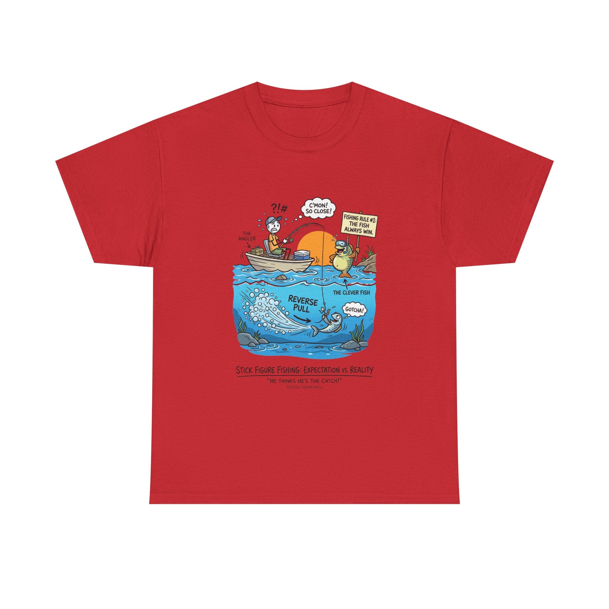 Fishing Cartoon T-Shirt — 'Reverse Take' Sunset Boating Tee