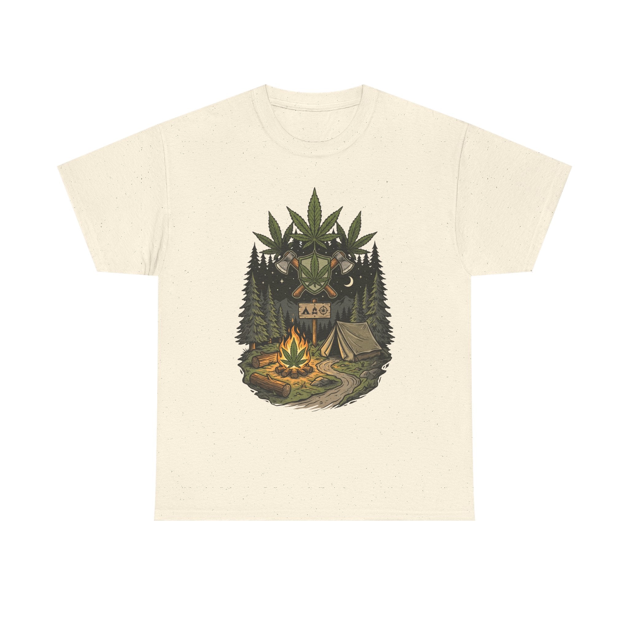 Camping Bear Graphic Tee — Forest Campfire & Leaf Emblem T-Shirt