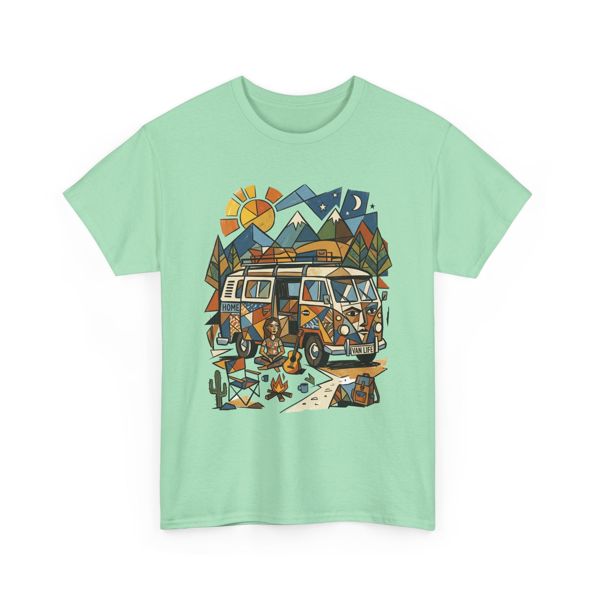 Adventure Van Camping T-Shirt — Retro Camper Van, Mountains & Campfire Graphic Tee