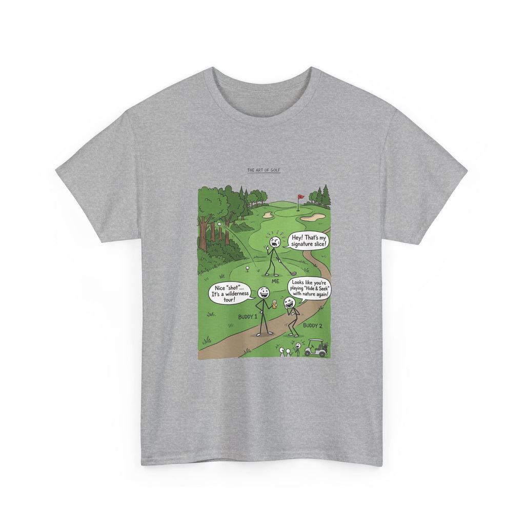 Golf Cartoons Graphic Tee — Funny Golf Humor T-Shirt ("Fore! That's a Mulligan, Dad")