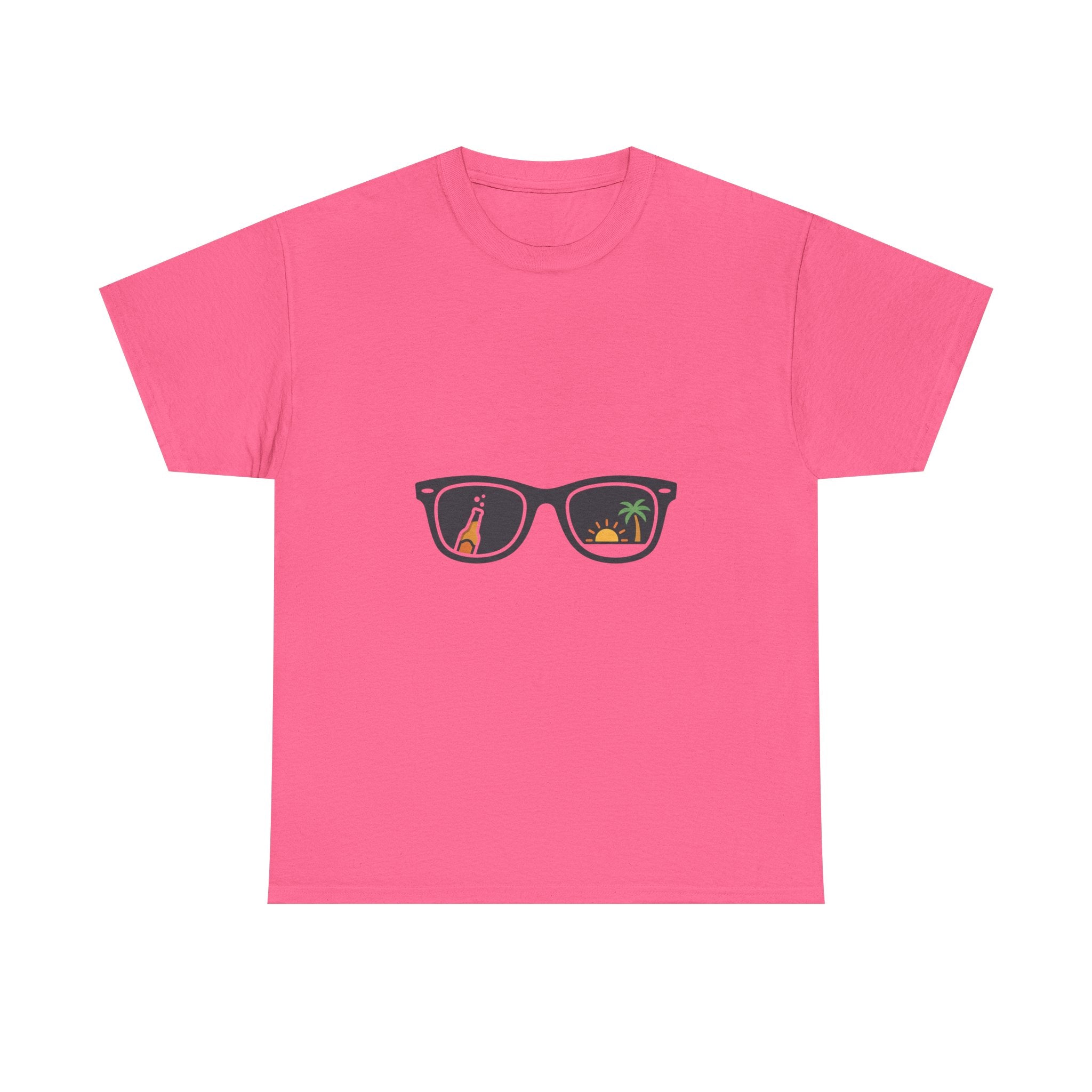 Sunglasses Reflection Tee — Tropical Beach & Palm Drink Graphic T-Shirt