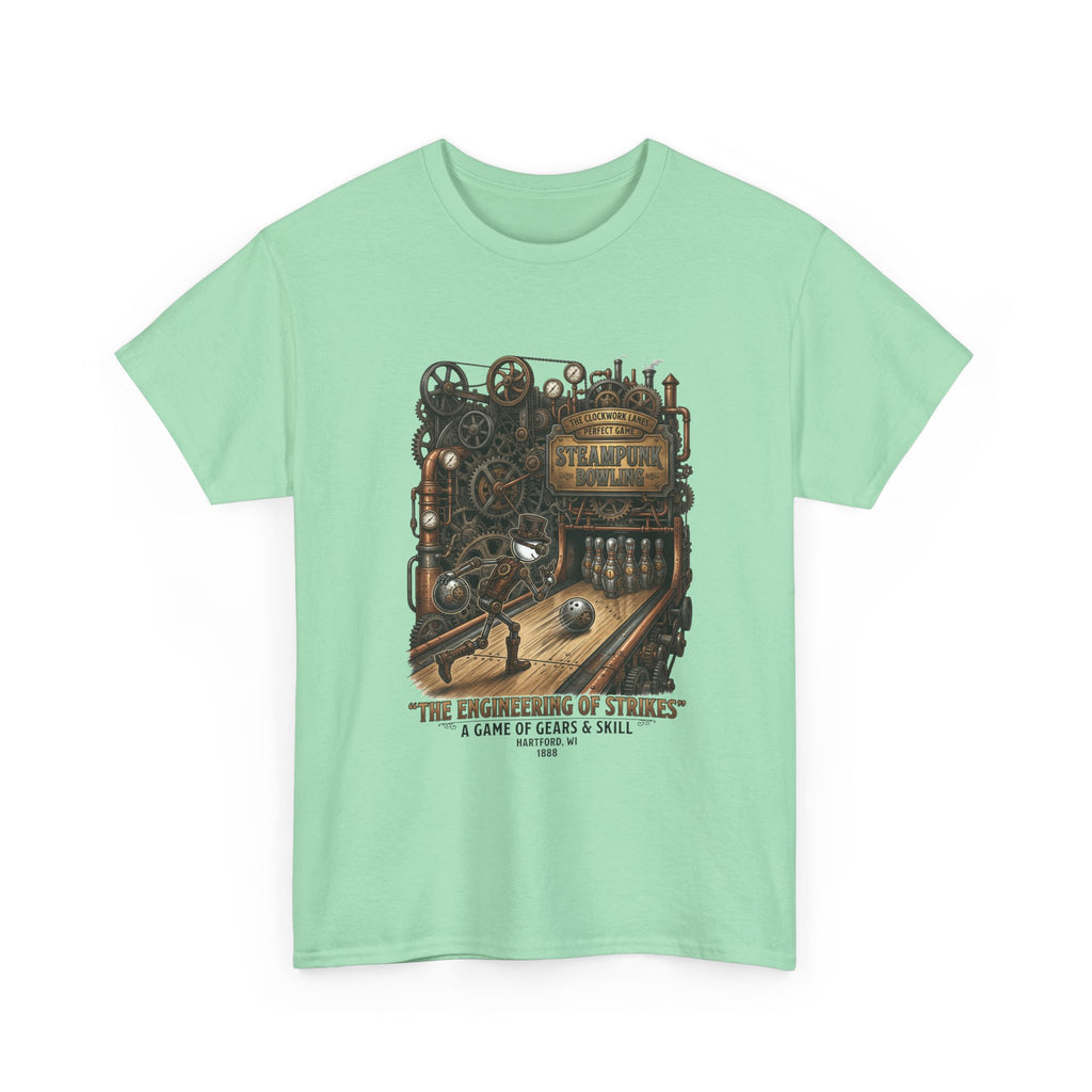 Steampunk Bowling T-Shirt — "The Engineering of Strikes" Vintage Gears Design