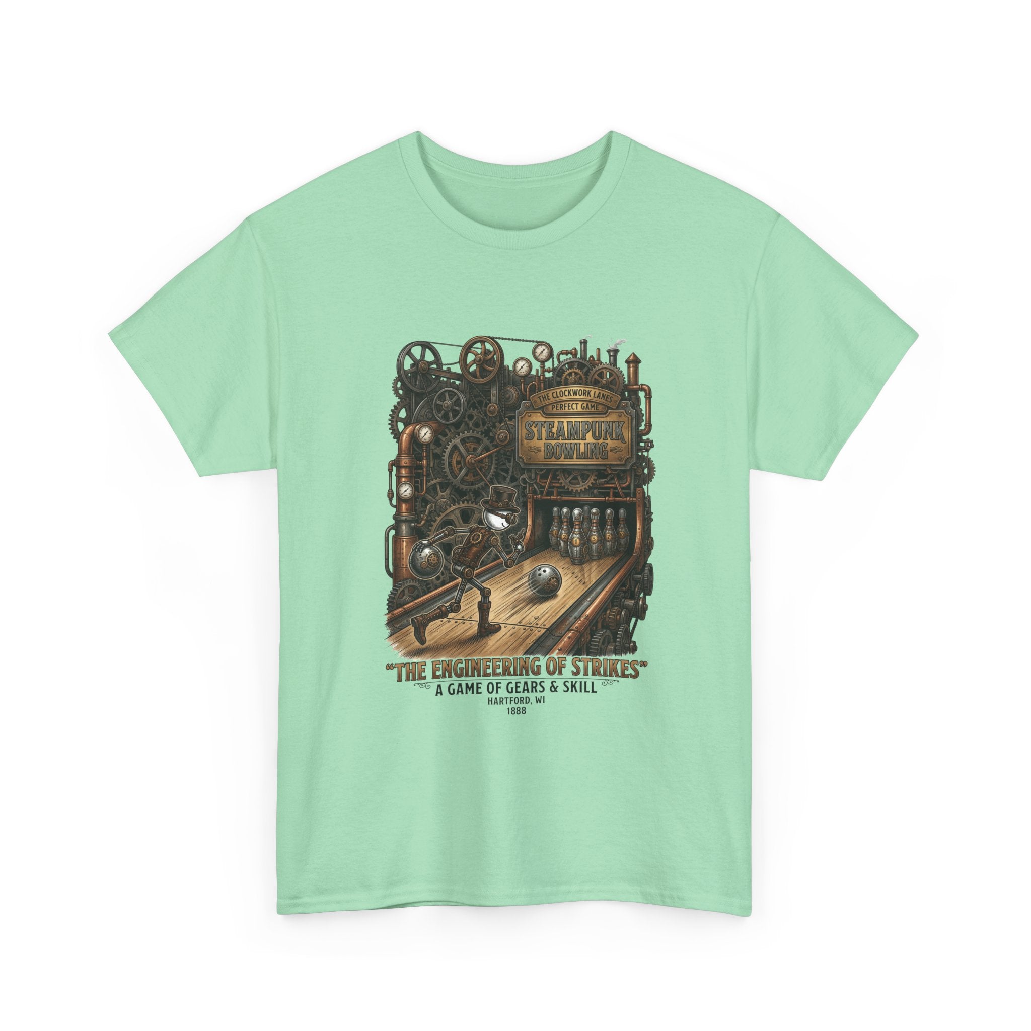 Steampunk Bowling T-Shirt — "The Engineering of Strikes" Vintage Gears Design