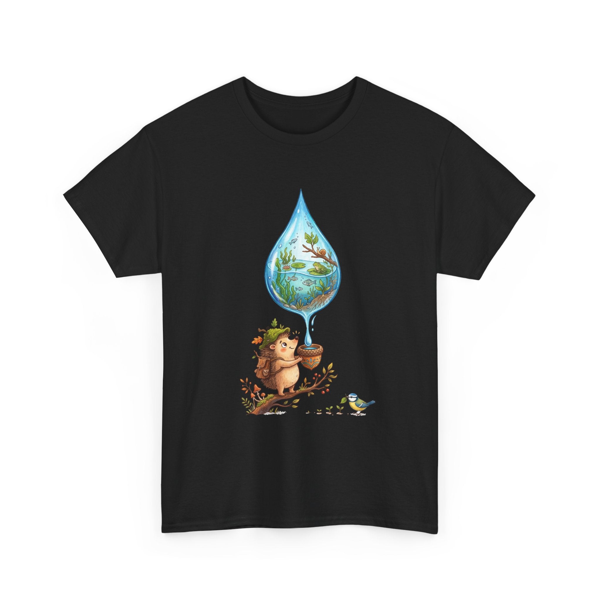 Eco Hedgehog Water Drop T‑Shirt — Wildlife Nature Illustration