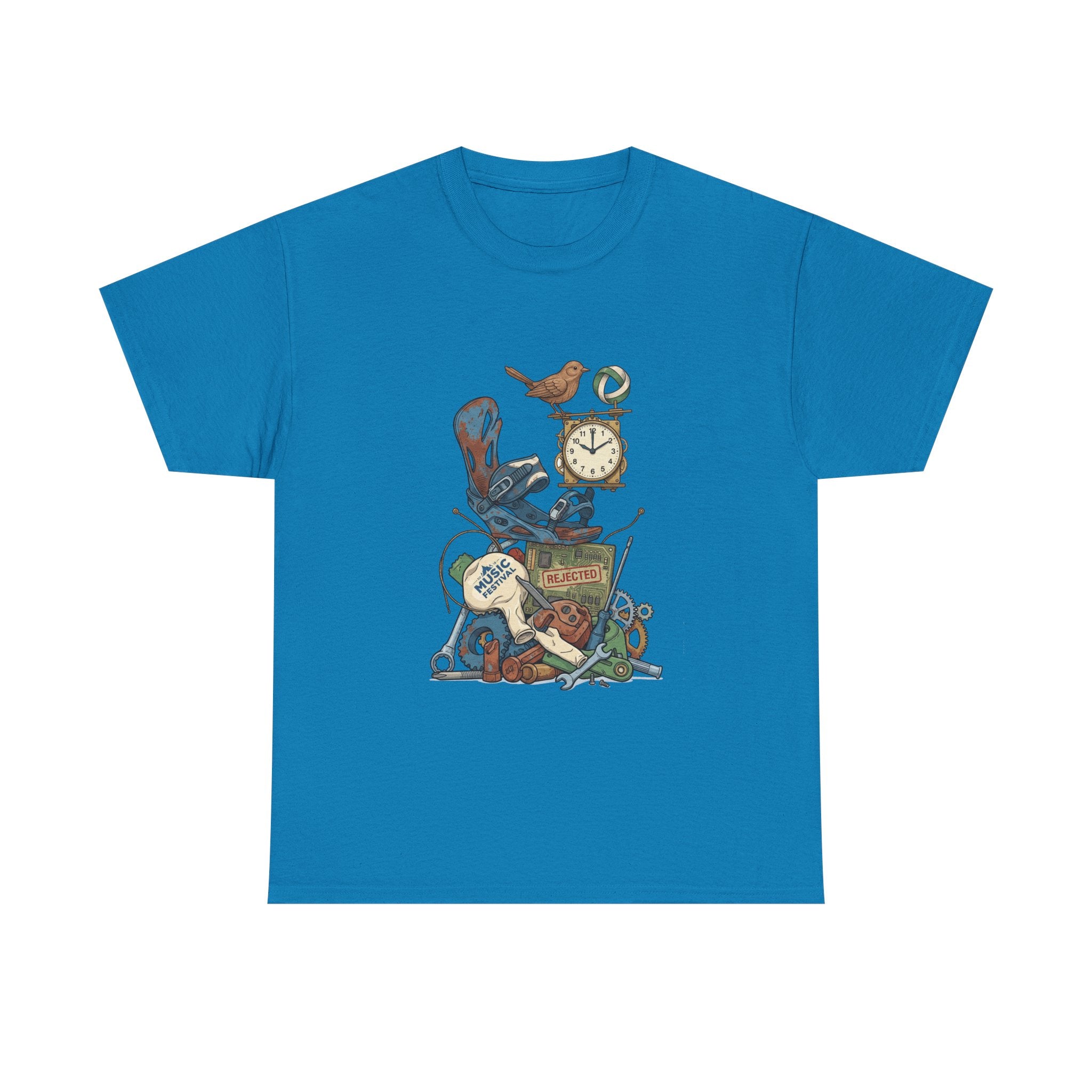 Vintage Hobbies Stack T-Shirt — Retro Clock, Guitar & Tools Illustration