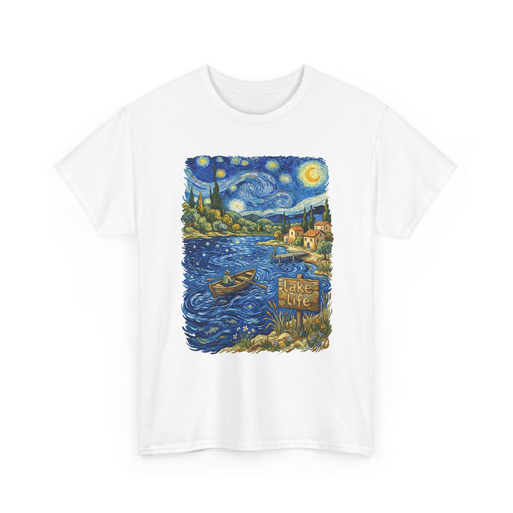 T-Shirt — Van Gogh Night Lake Art Tee (Boat on Starry Night)