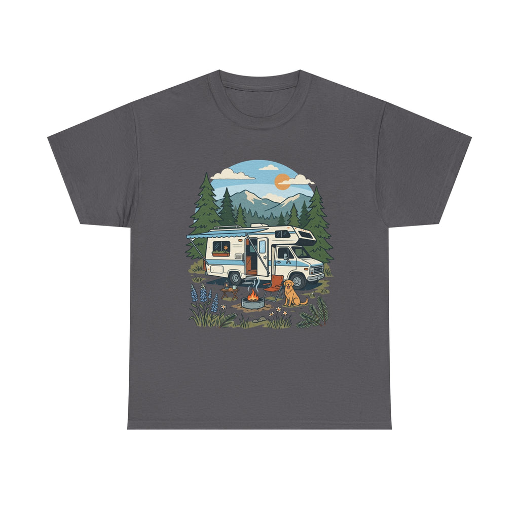 Camper Van Camping T‑Shirt — Retro RV Campfire Graphic Tee for Outdoors Lovers