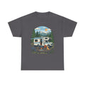 Camper Van Camping T‑Shirt — Retro RV Campfire Graphic Tee for Outdoors Lovers