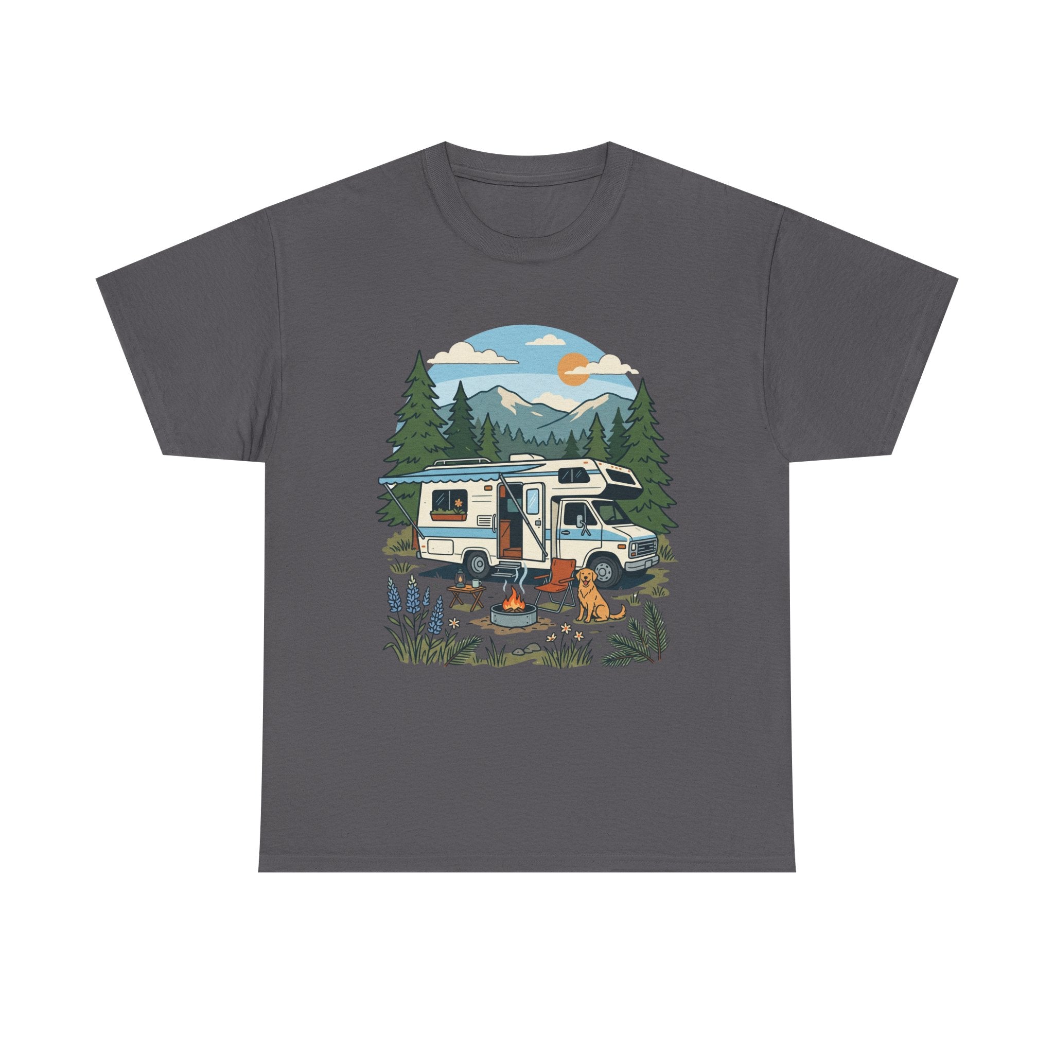 Camper Van Camping T‑Shirt — Retro RV Campfire Graphic Tee for Outdoors Lovers