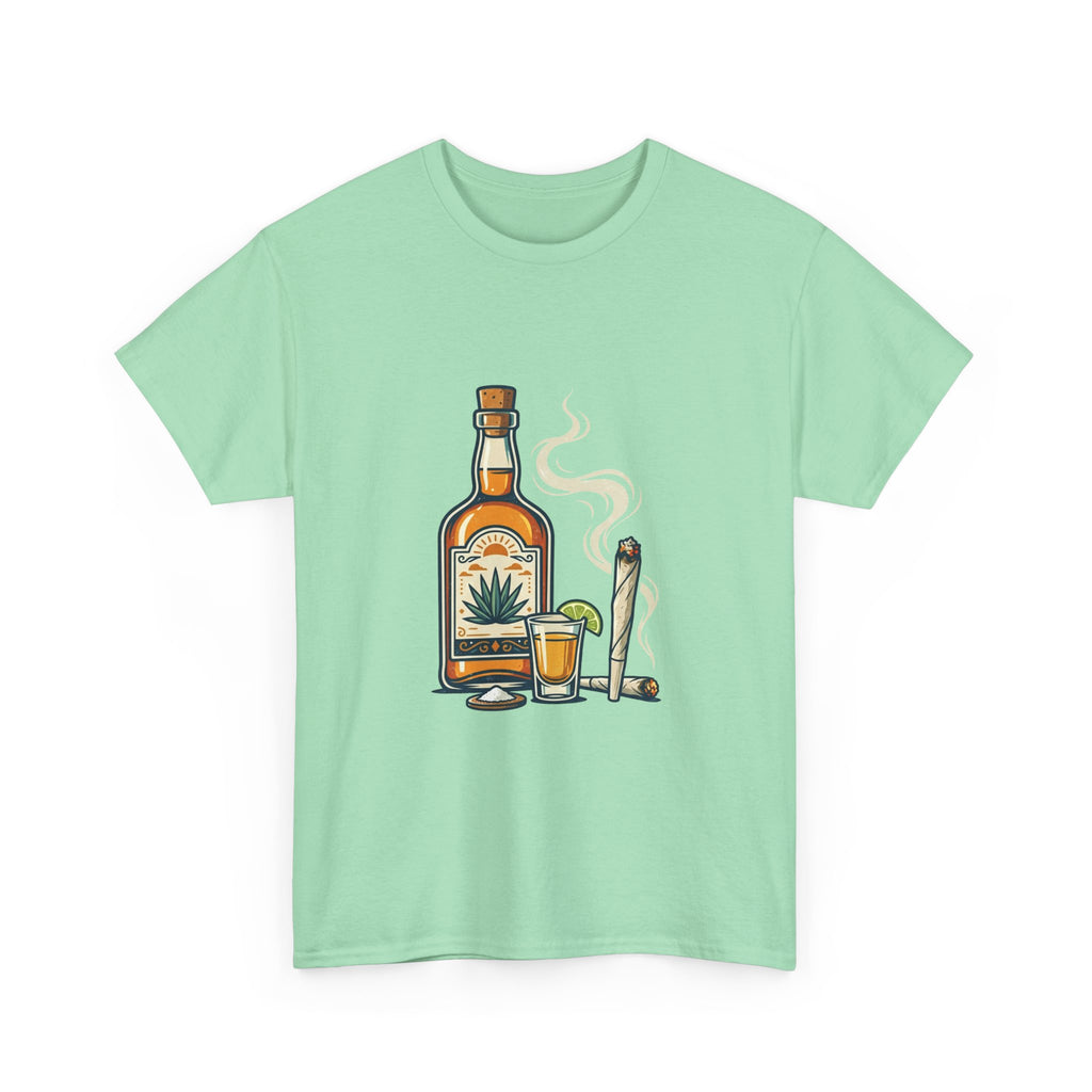 Tequila & Joint T-Shirt — Mexican Agave Bottle with Shot Glass and Joint Graphic