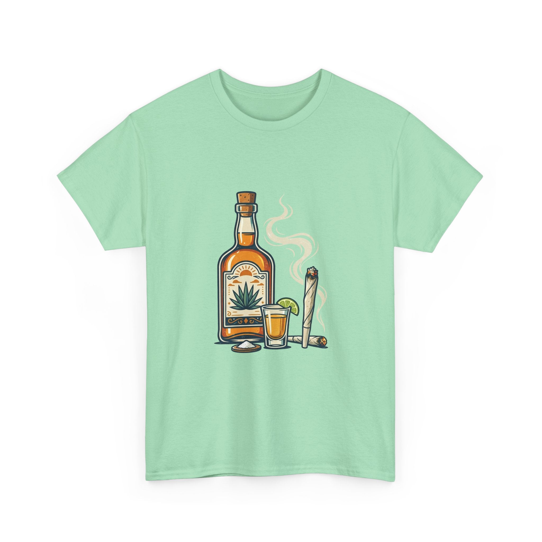 Tequila & Joint T-Shirt — Mexican Agave Bottle with Shot Glass and Joint Graphic