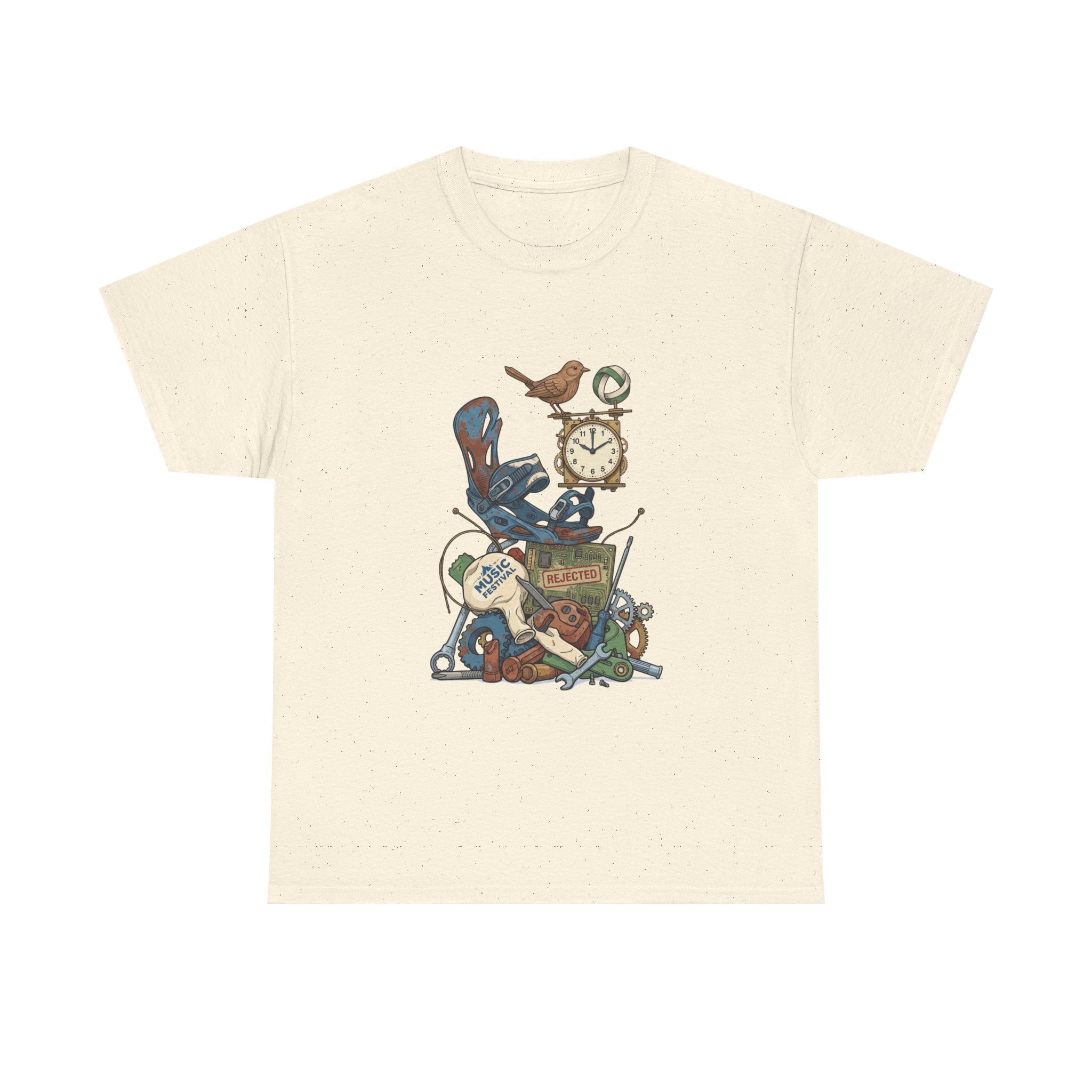 Vintage Hobbies Stack T-Shirt — Retro Clock, Guitar & Tools Illustration