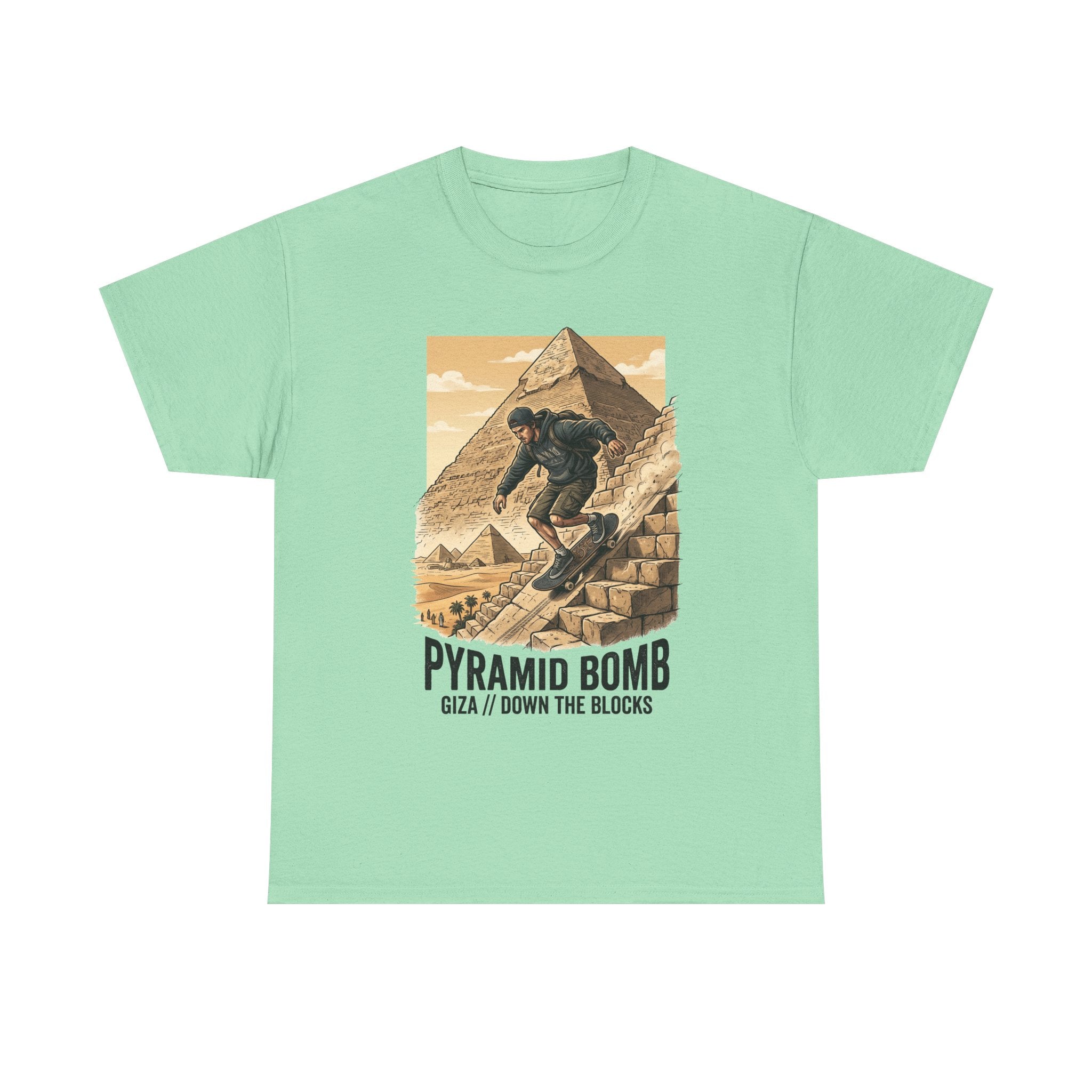 Pyramid Bomb Skateboarding T-Shirt — "Pyramid Bomb: Giza / Down The Blocks" Vintage Skate Tee