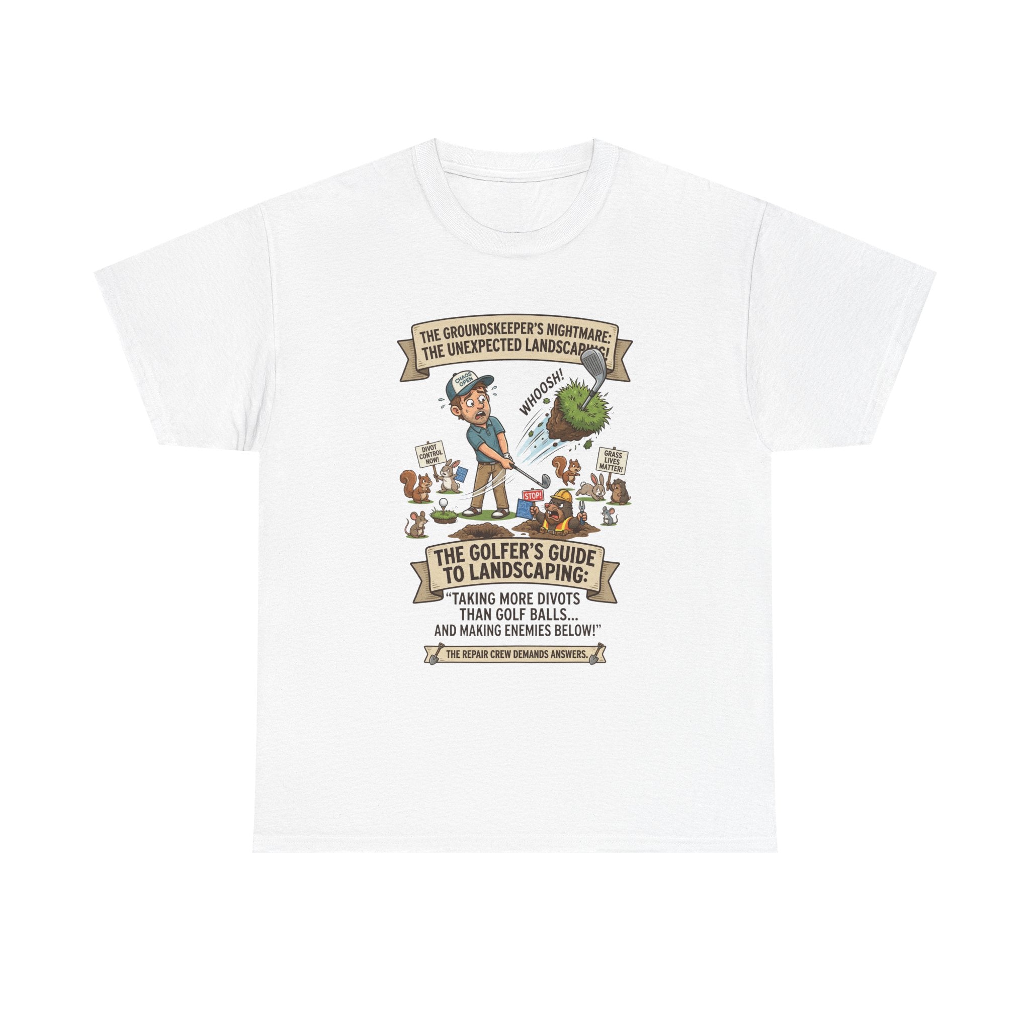 Golf T-Shirt — "The Golfer’s Guide to Landscaping" Funny Divot Course Humor Tee