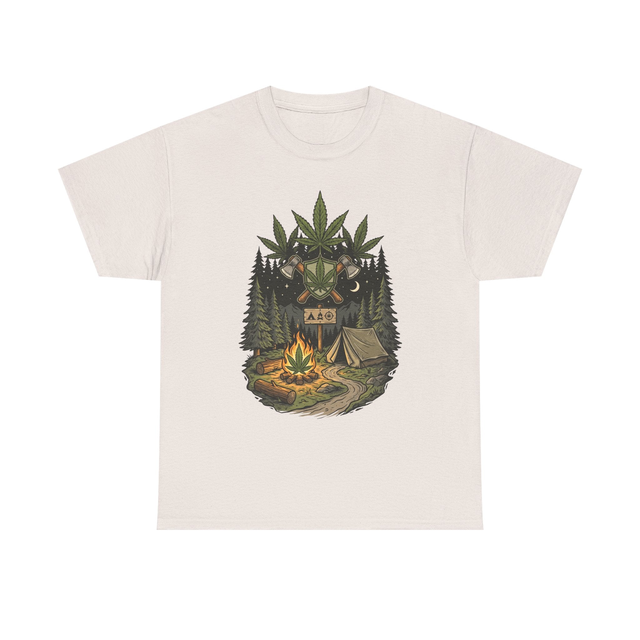 Camping Bear Graphic Tee — Forest Campfire & Leaf Emblem T-Shirt