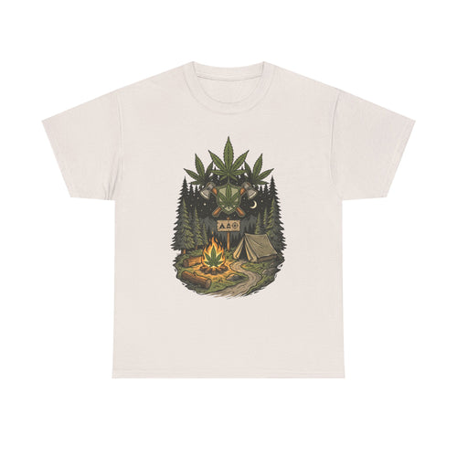 Camping Bear Graphic Tee — Forest Campfire & Leaf Emblem T-Shirt