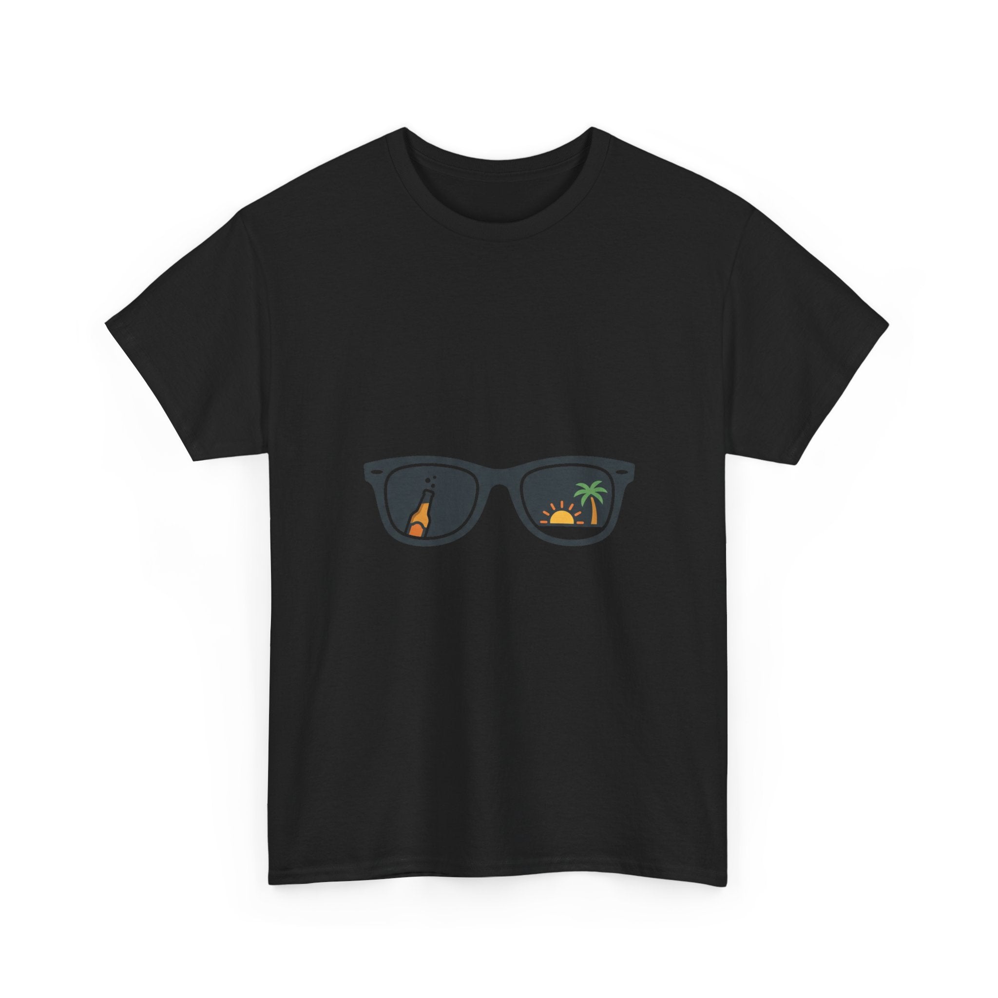 Sunglasses Reflection Tee — Tropical Beach & Palm Drink Graphic T-Shirt