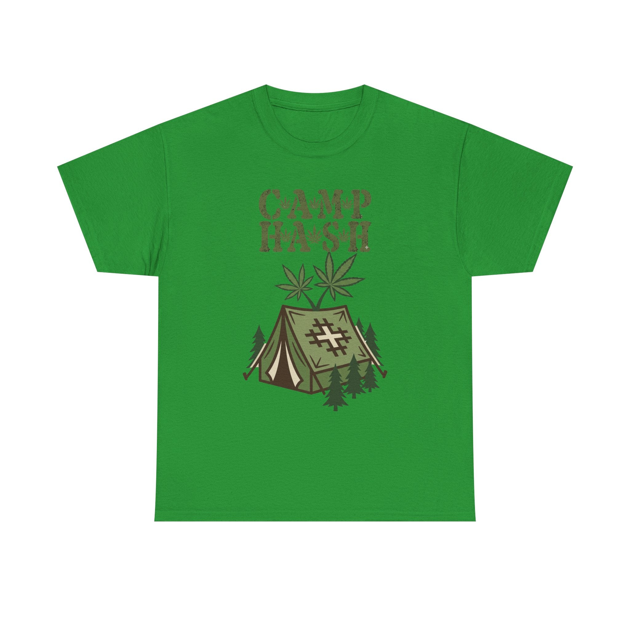 Camp Hash Cannabis Camping T‑Shirt — Retro Tent & Leaf Outdoor Smoke Tee