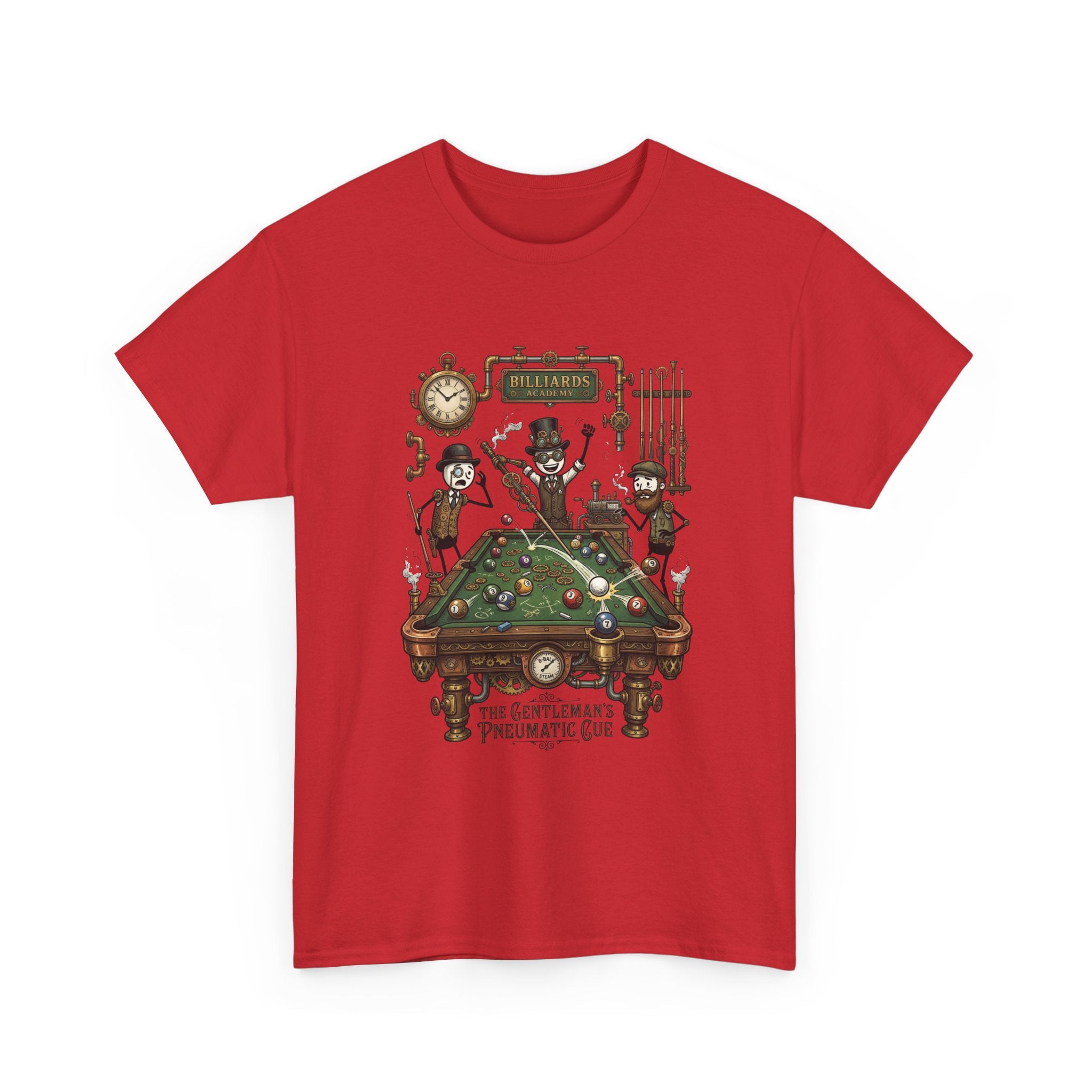 Steampunk Billiards Tee – 'The Gentleman's Pneumatic Cue' Pool Table Graphic Shirt