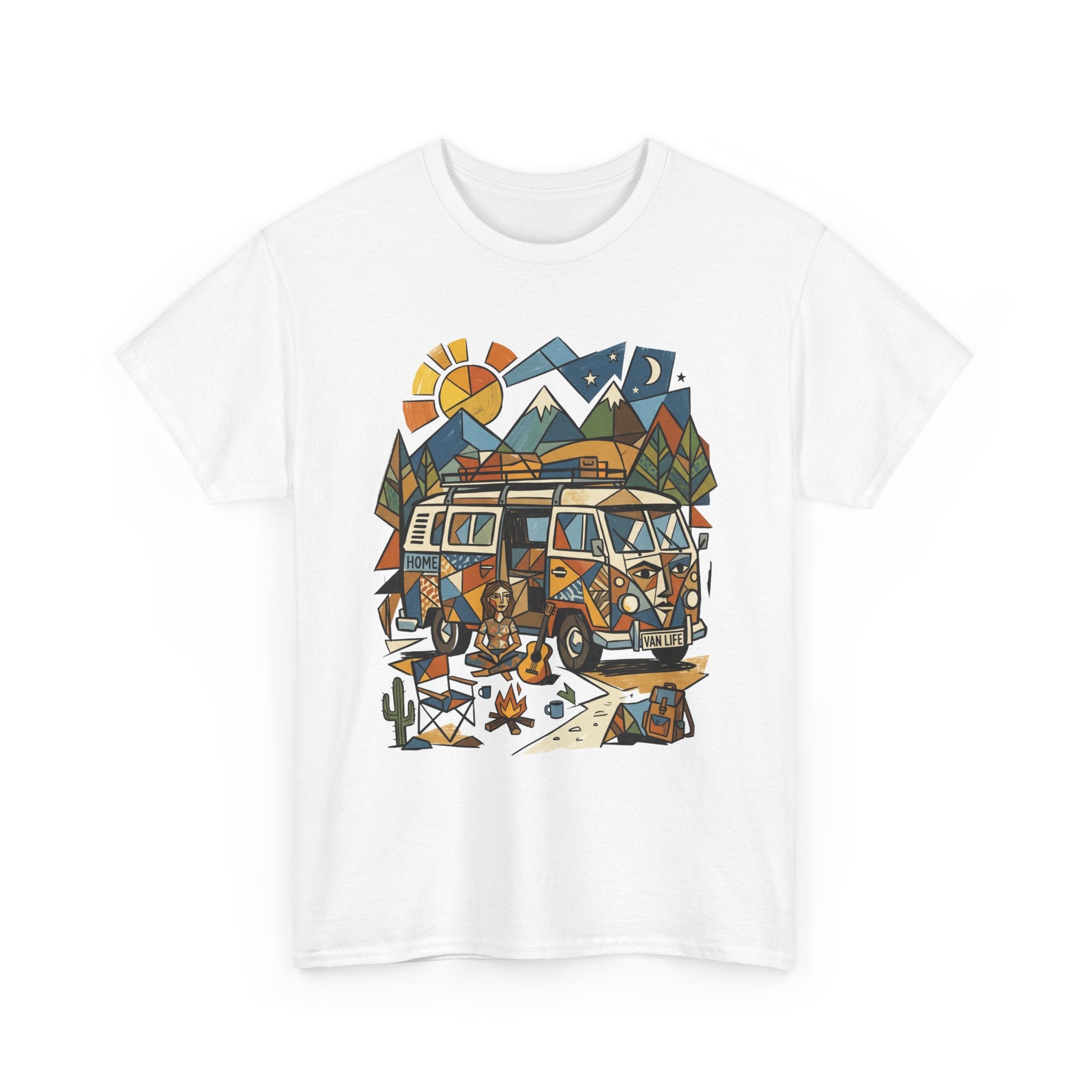 Adventure Van Camping T-Shirt — Retro Camper Van, Mountains & Campfire Graphic Tee