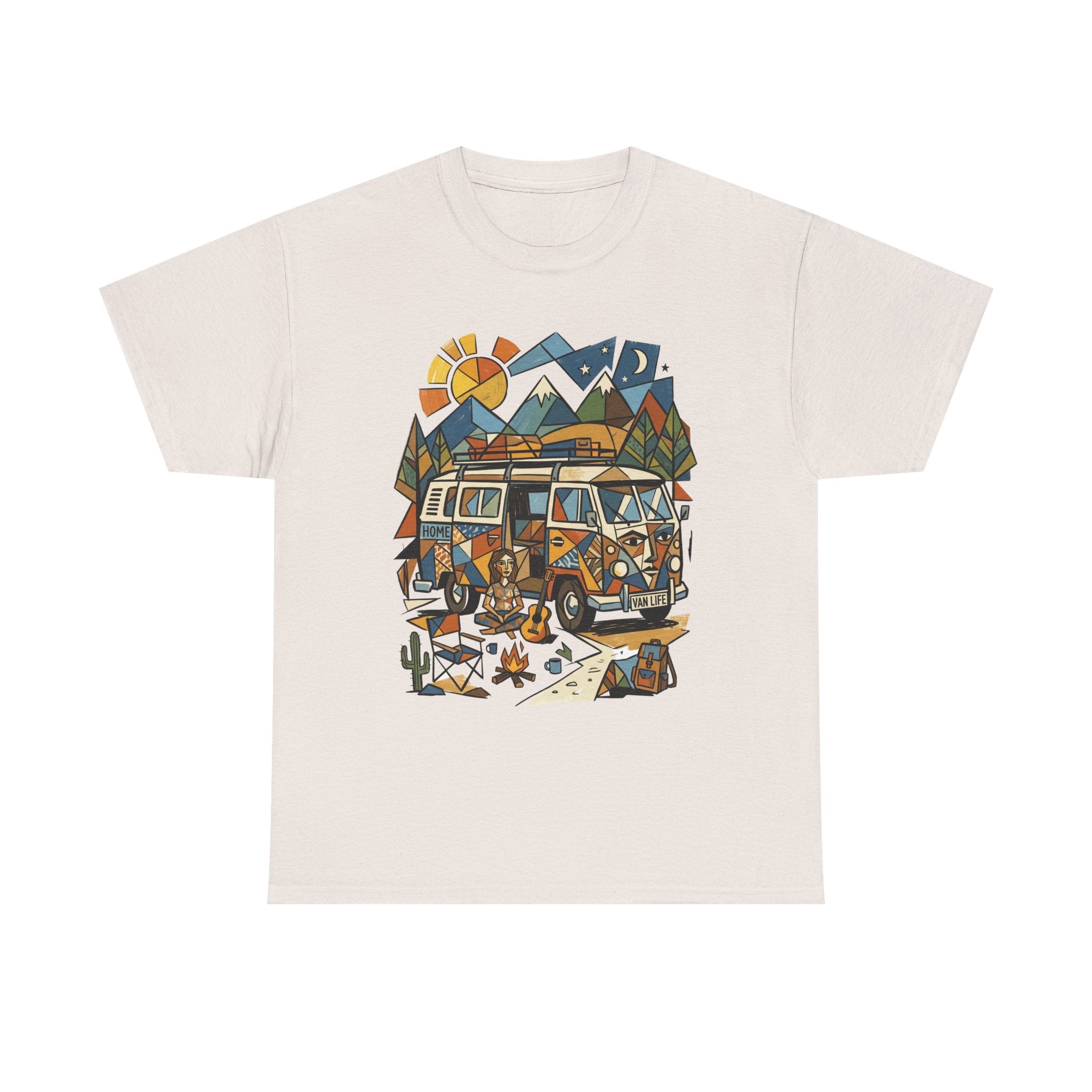 Adventure Van Camping T-Shirt — Retro Camper Van, Mountains & Campfire Graphic Tee