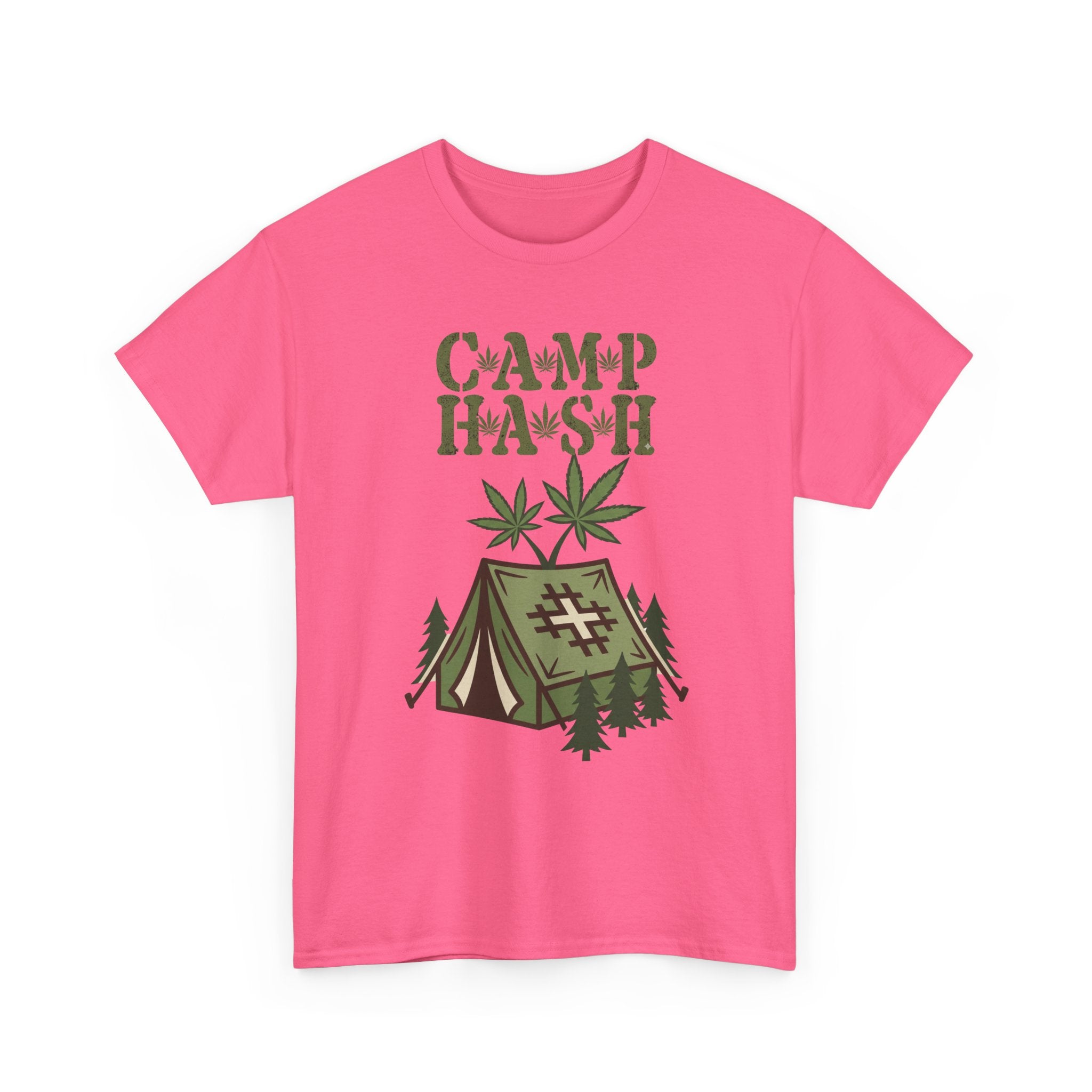 Camp Hash Cannabis Camping T‑Shirt — Retro Tent & Leaf Outdoor Smoke Tee