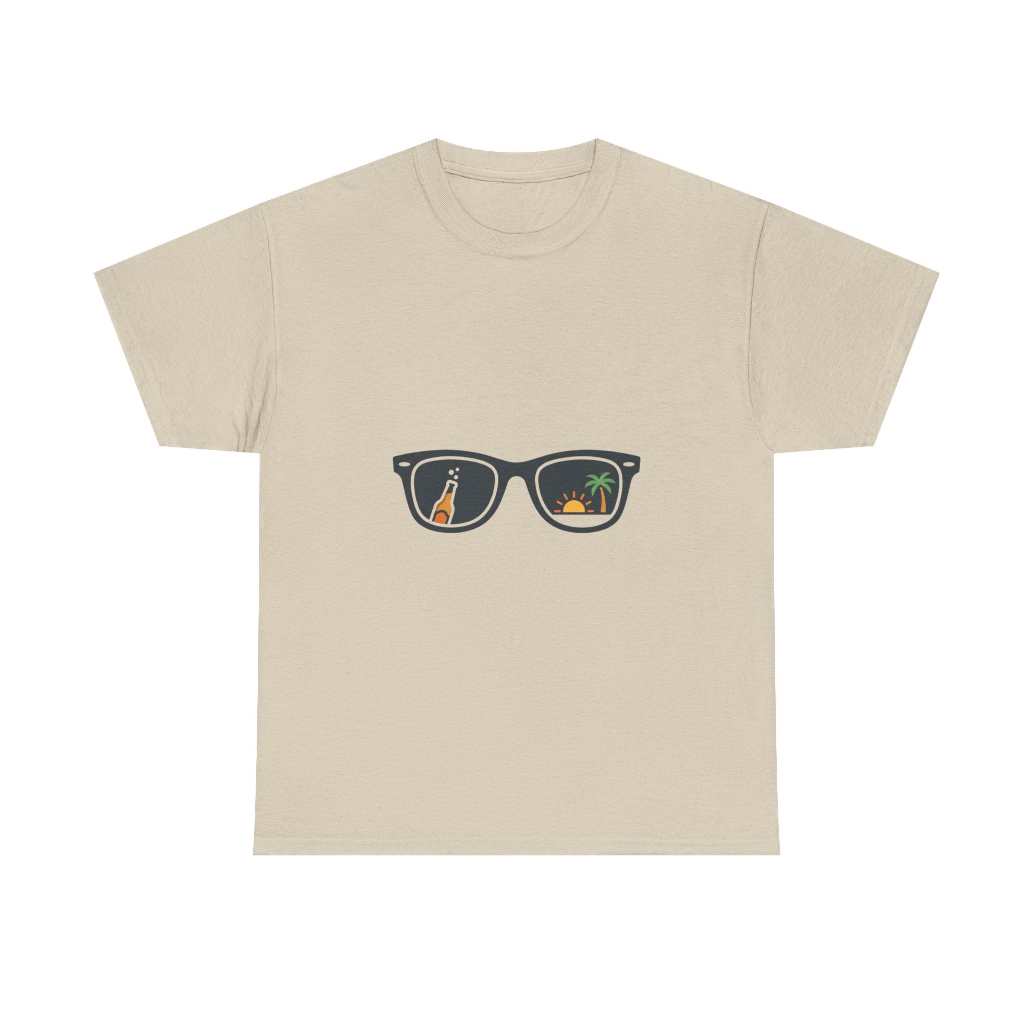 Sunglasses Reflection Tee — Tropical Beach & Palm Drink Graphic T-Shirt
