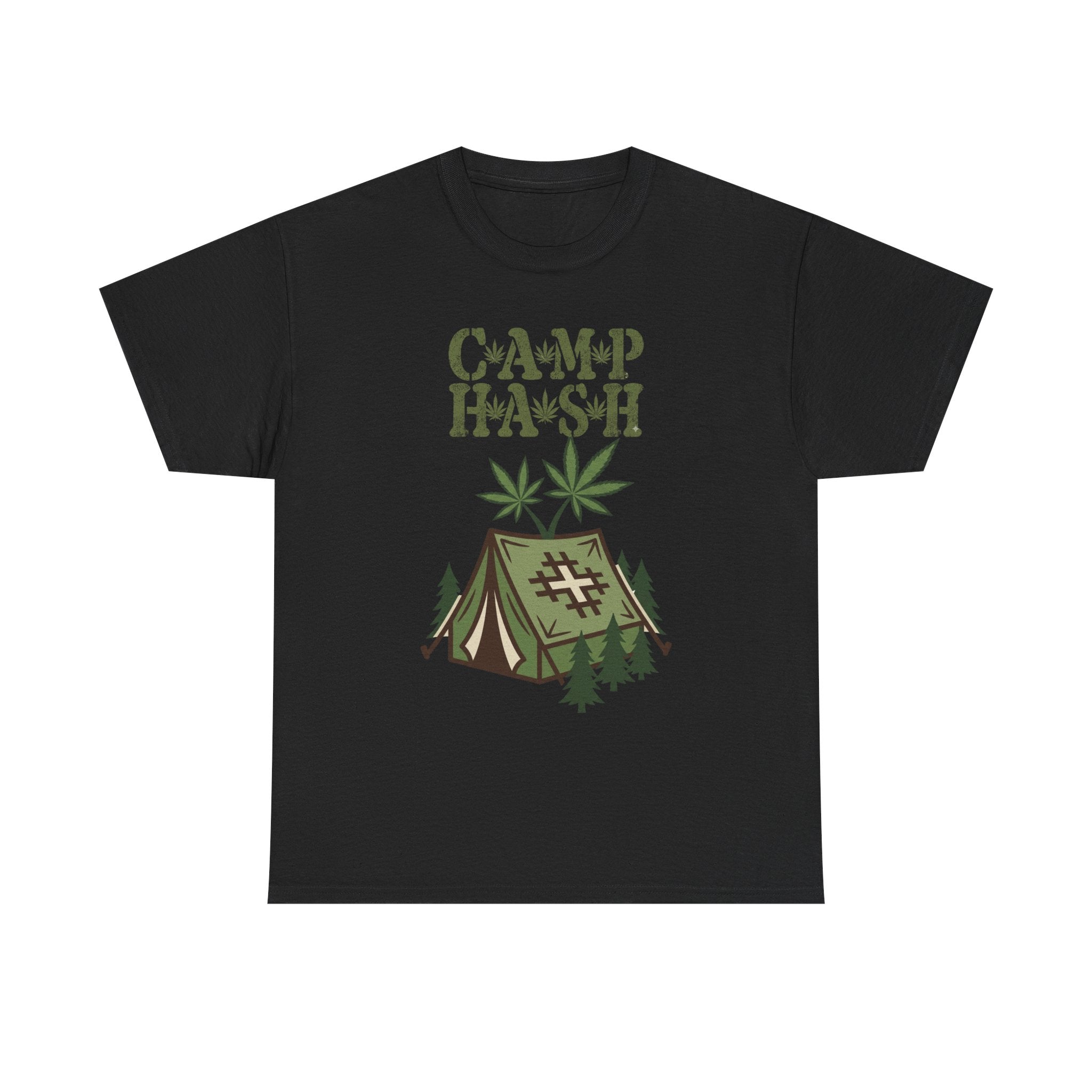 Camp Hash Cannabis Camping T‑Shirt — Retro Tent & Leaf Outdoor Smoke Tee