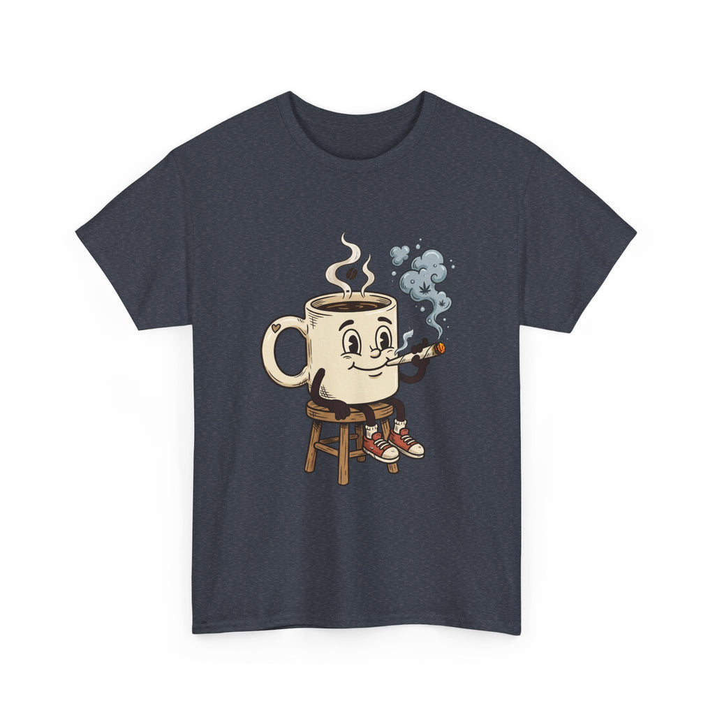 Coffee and a joint Character Tee — Retro Smiling Cup Smoking weed Graphic T-Shirt