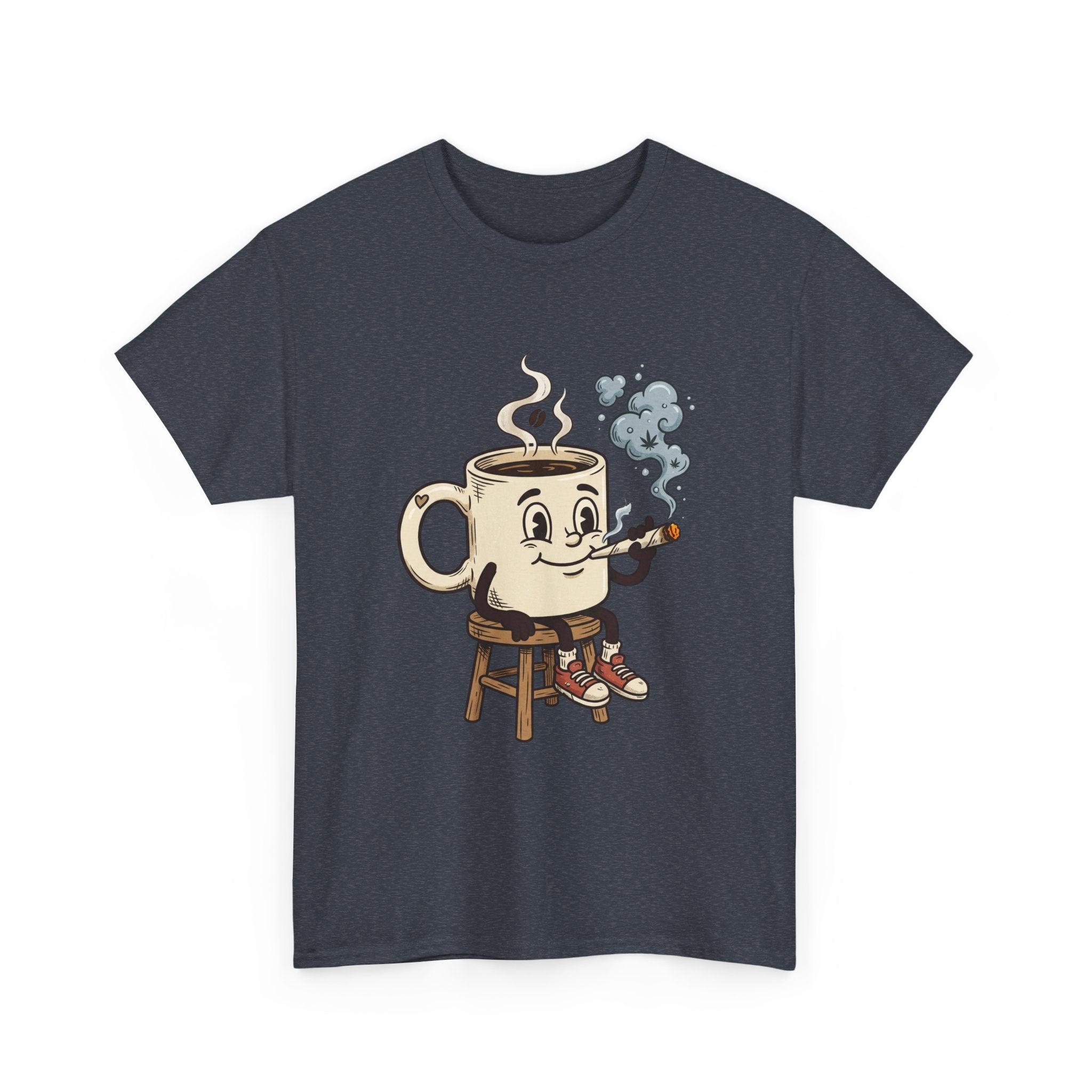Coffee and a joint Character Tee — Retro Smiling Cup Smoking weed Graphic T-Shirt