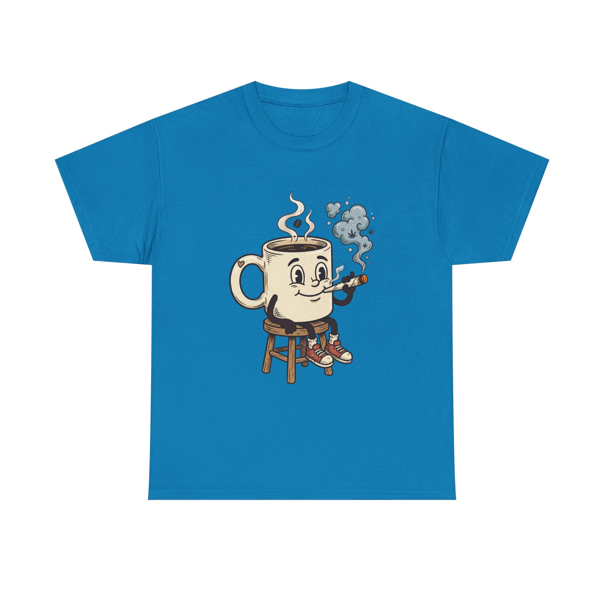 Coffee and a joint Character Tee — Retro Smiling Cup Smoking weed Graphic T-Shirt